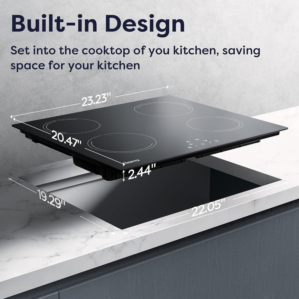 CDV 6000W Built-in Induction Cooktop 4 Burners, 24 Inch Electric Cooktop Touch Control Ceramic Glass Plate 9 Power Levels Fast Heating Child Safety Lock