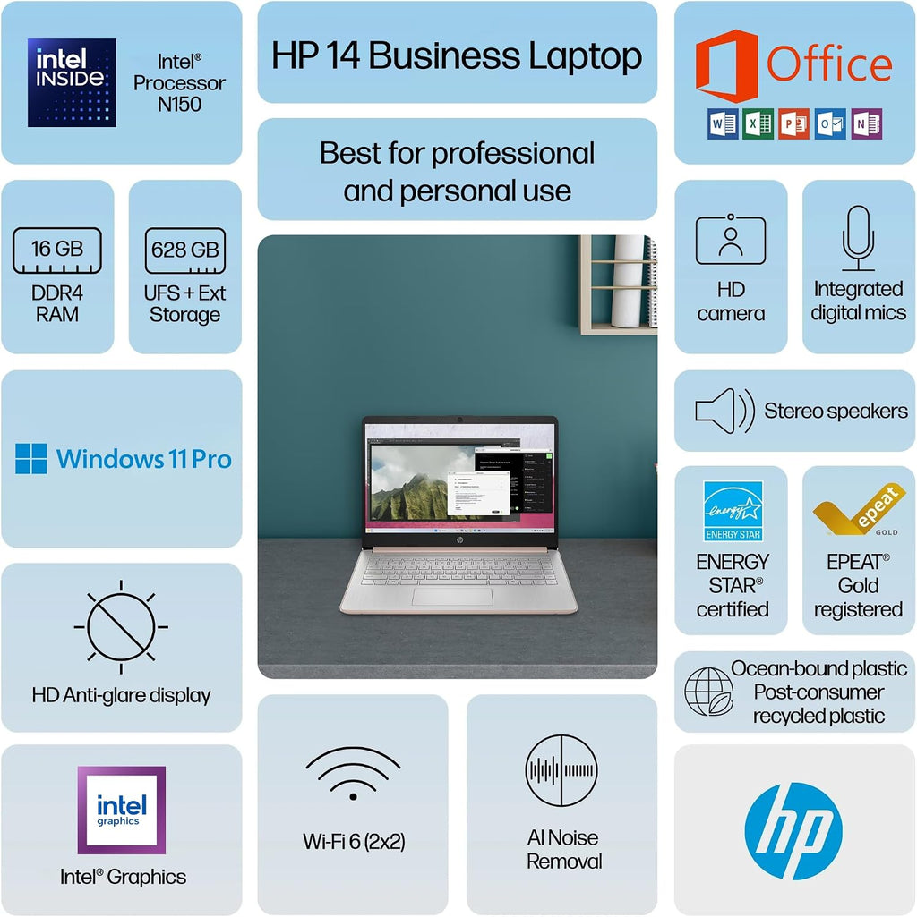 HP 14' Flagship Laptop 2025 AI-Powered Computer, Office Lifetime, Student Business, 4-Core Intel CPU, 16GB RAM 628GB Storage (128GB UFS+ 500GB Ext), Long Battery HubxcelAccessory Win 11 Pro Rose Gold
