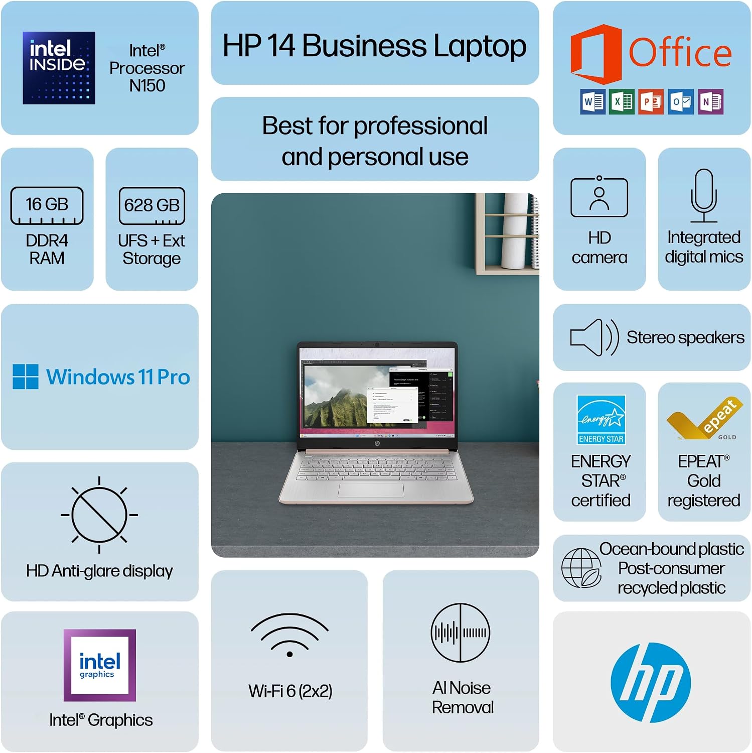 HP 14' Flagship Laptop 2025 AI-Powered Computer, Office Lifetime, Student Business, 4-Core Intel CPU, 16GB RAM 628GB Storage (128GB UFS+ 500GB Ext), Long Battery HubxcelAccessory Win 11 Pro Rose Gold