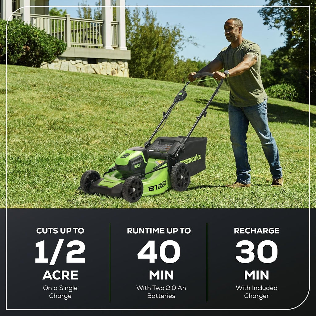 Greenworks 80V 21' Brushless Cordless (Push) Lawn Mower (75+ Compatible Tools), (2) 2.0Ah Batteries and 30 Minute Rapid Charger Included