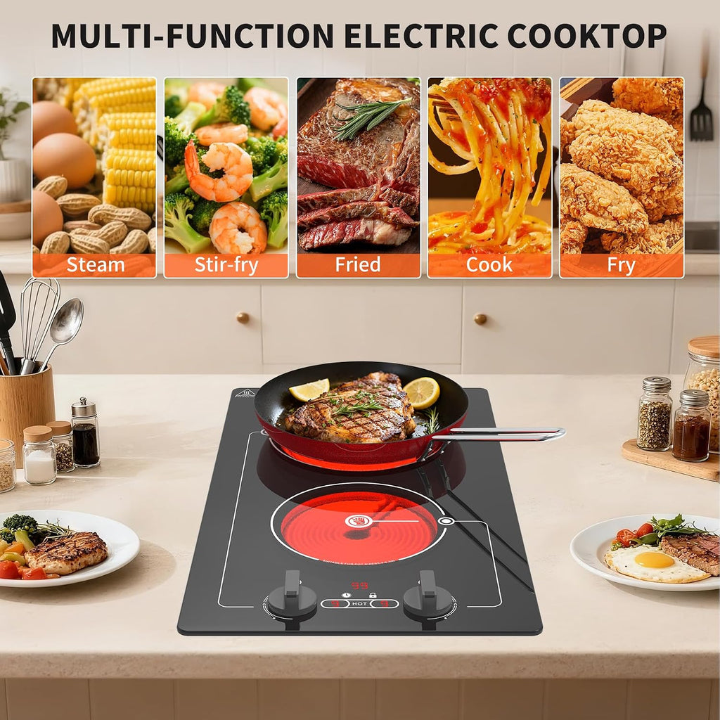 VBGK electric hob,Built-in Design and Countertop Stove Top with Knob Control&Touch Control,9 Power Level, Timer & Kid Safety Lock,220V 2100W 2 burner electric hob