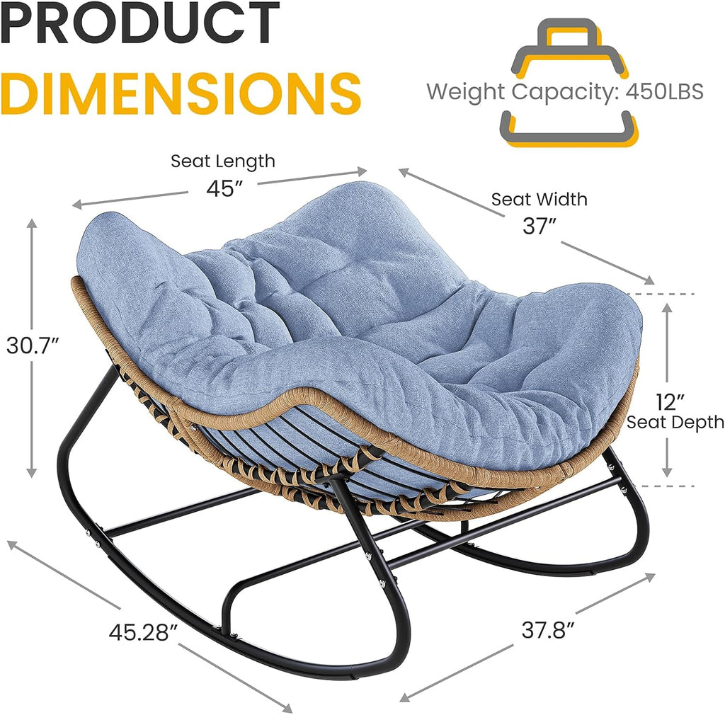 Oversized Papasan Rocking Chair Outdoor, Comfy Wicker Patio Papasan Egg Rocker with Thick Cushion for 450 lbs, Indoor Lounge Reading Chair for Living Room, Porch, Garden, Balcony, Bedroom-Blue