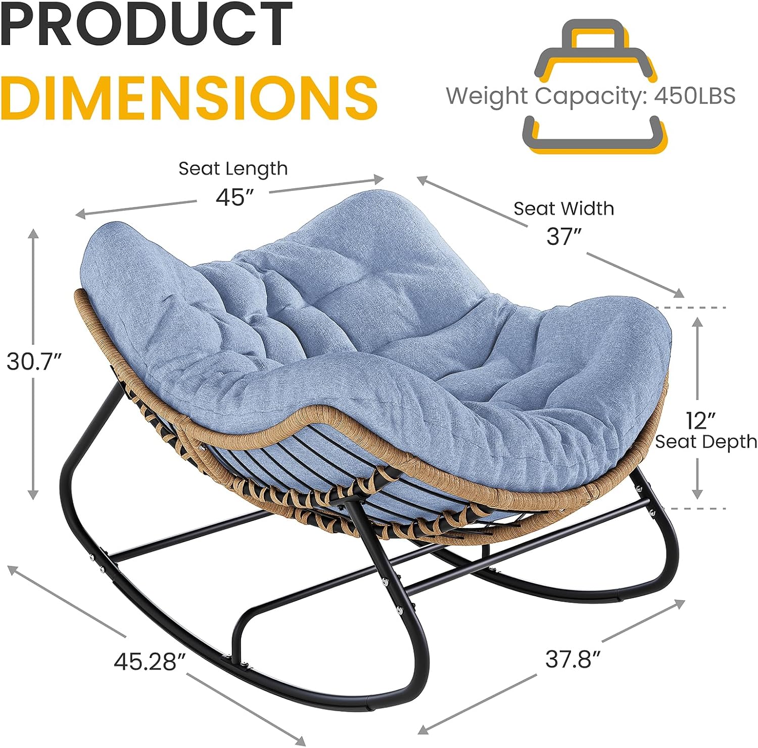 Oversized Papasan Rocking Chair Outdoor, Comfy Wicker Patio Papasan Egg Rocker with Thick Cushion for 450 lbs, Indoor Lounge Reading Chair for Living Room, Porch, Garden, Balcony, Bedroom-Blue