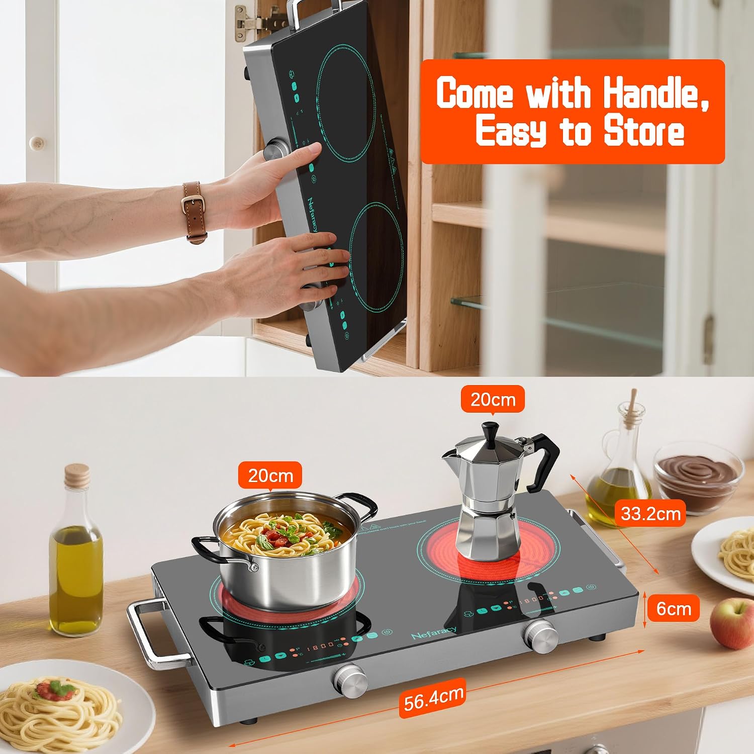 2 Burner Electric Cooktop 24 Inch, 110V 2000W Portable Electrics Stove Top with Handle, 9 Power Settings, Senor Touch & Knob Control, Safety Lock, Timer, 110-120V Plug in (2 Burner Green)