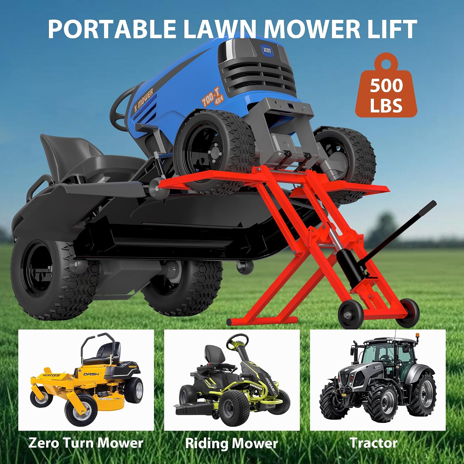 Riding Mower Lift,500 lbs Capacity Lawn Mower Lift Jack with Hydraulic Jack,Foldable Design for Zero Turn Mower Lift and Garden Tractors, Red