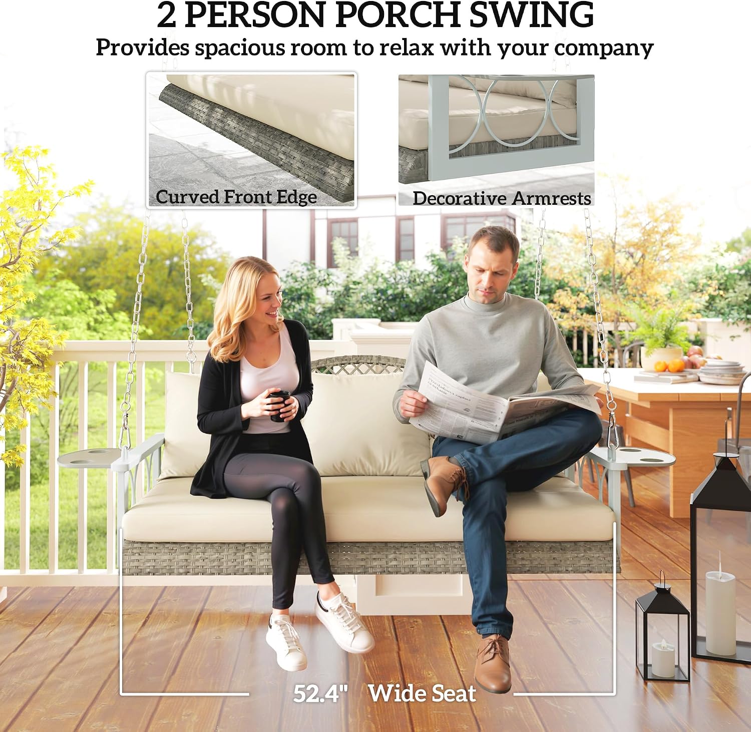 Outsunny 3 Person Wicker Porch Swing Chair Heavy Duty 800 LBS with Cup Holder, 57 Inch Outdoor Rattan Patio Hanging Swing Bench with Cushions and Chains for Garden, Backyard, Natural Wood