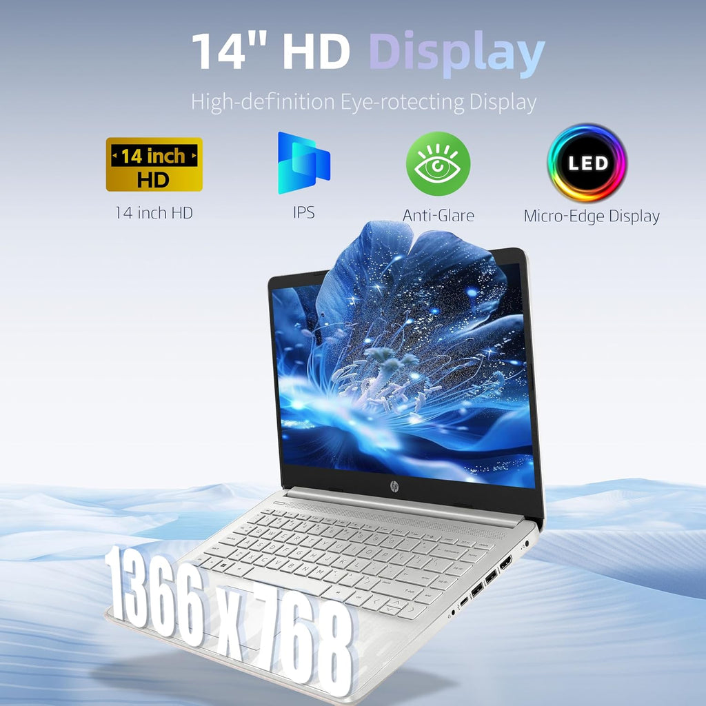 HP 14' Student Business Laptop Computer, Intel N150 CPU, 16GB RAM, 128GB UFS, WiFi 6, BT 5.4, Windows 11 Pro S, Natural Silver