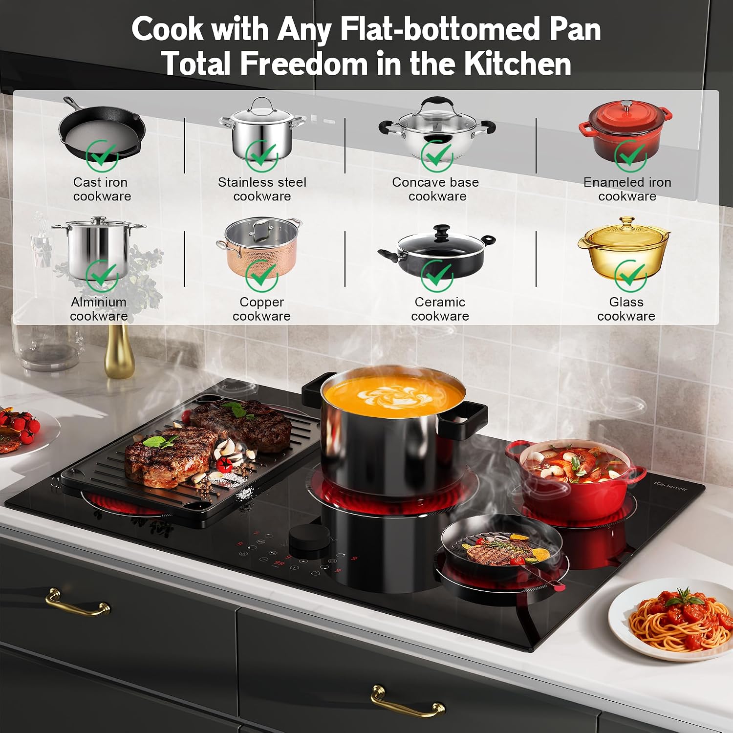 Electric Cooktop 30 Inch, 5 Burner Stove Top Burner 8600W, Built in 30 Inch Electric Cooktop, Magnetic Knob, Expanable Burners & BBQ, Timer, Safety Lock, 220V-240V Hard Wire (No Plug)
