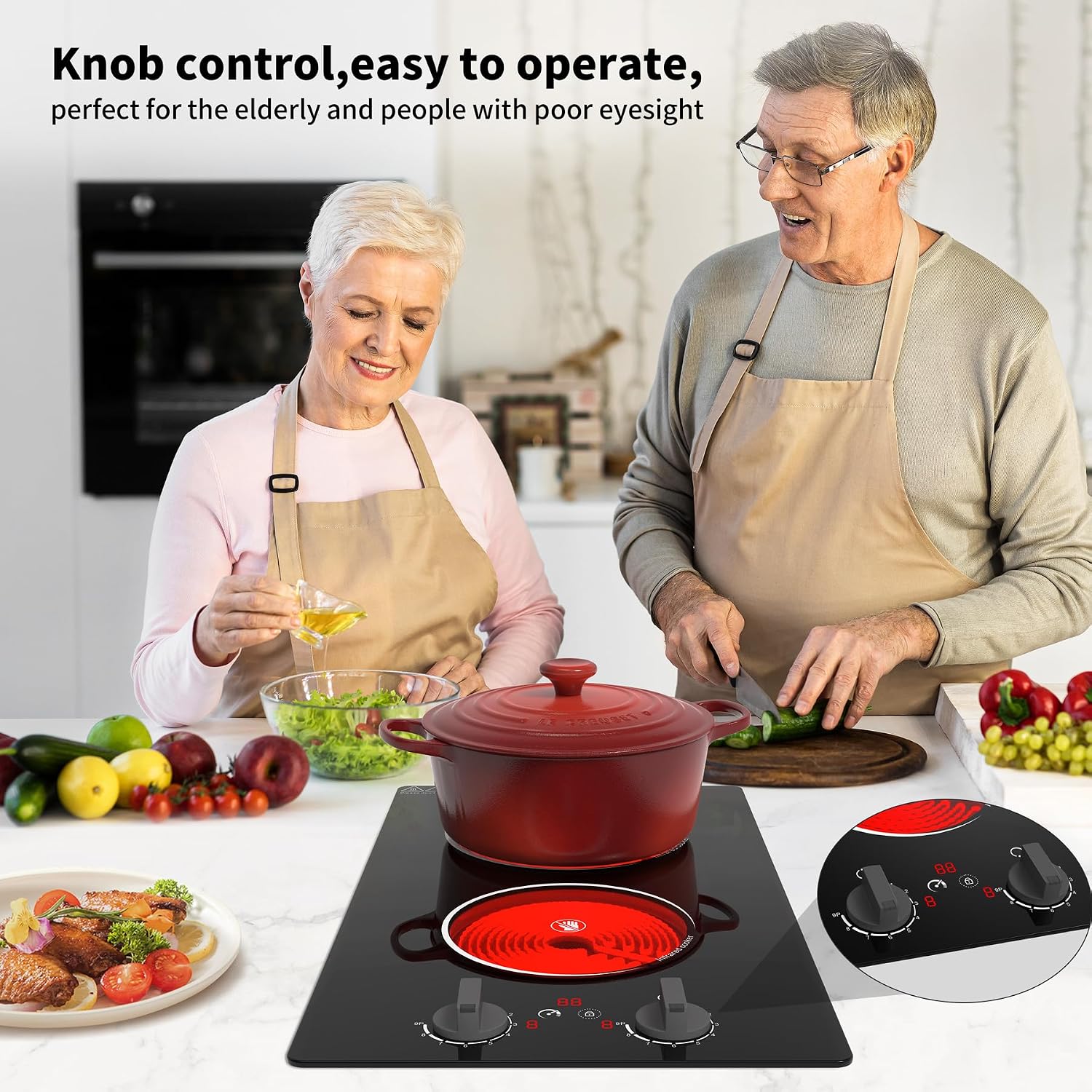 GIHETKUT Electric Cooktop,110V 2100W Stove top,Countertop and Built-in 2 burner cooktop,9-speed power, child safety lock, timer, knob and touch control 2 burner Electric cooktop