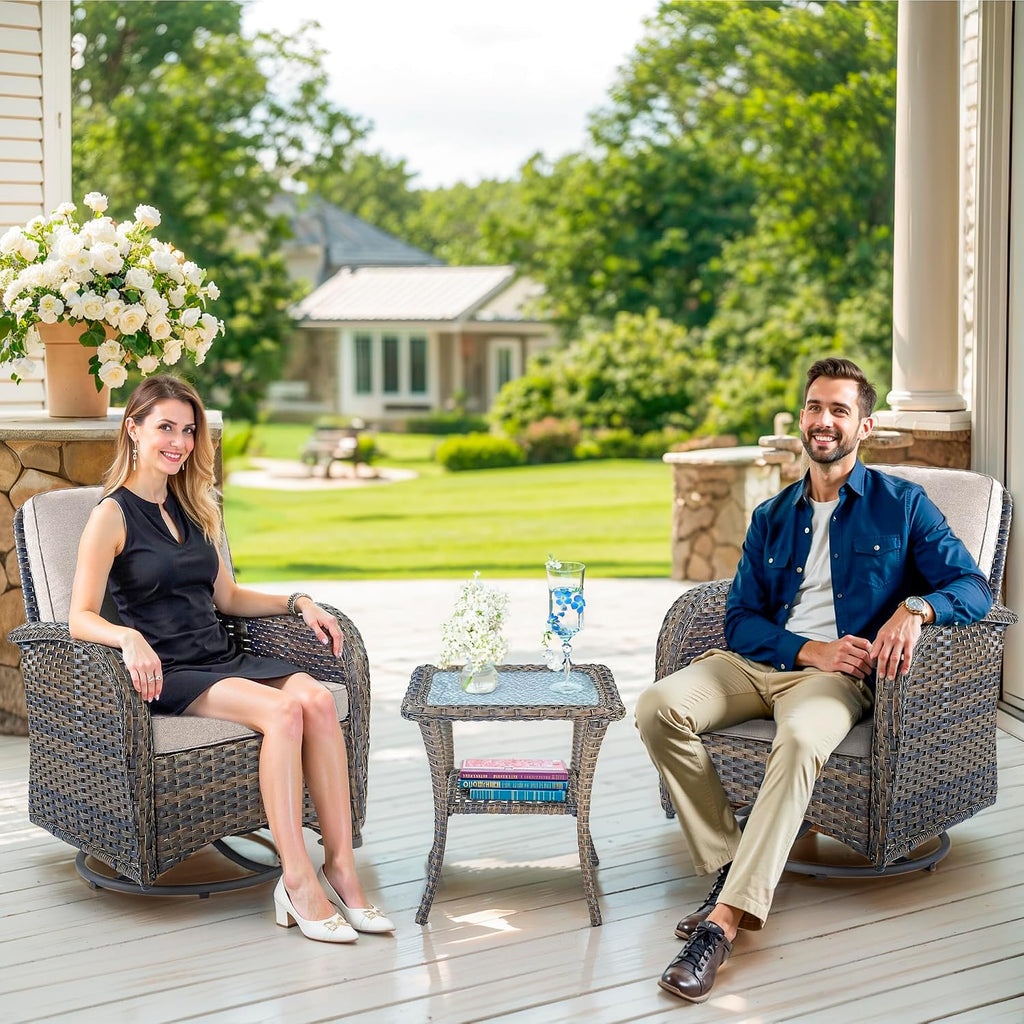 Outdoor Swivel Glider Rocker Chairs - 3 Piece Patio Furniture Set, Patio Bistro Sets with Tempered Glass Side Table, for Balcony, Porch - Brown Wicker, Beige Cushion