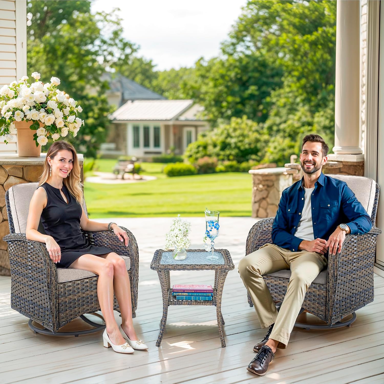 Outdoor Swivel Glider Rocker Chairs - 3 Piece Patio Furniture Set, Patio Bistro Sets with Tempered Glass Side Table, for Balcony, Porch - Brown Wicker, Beige Cushion
