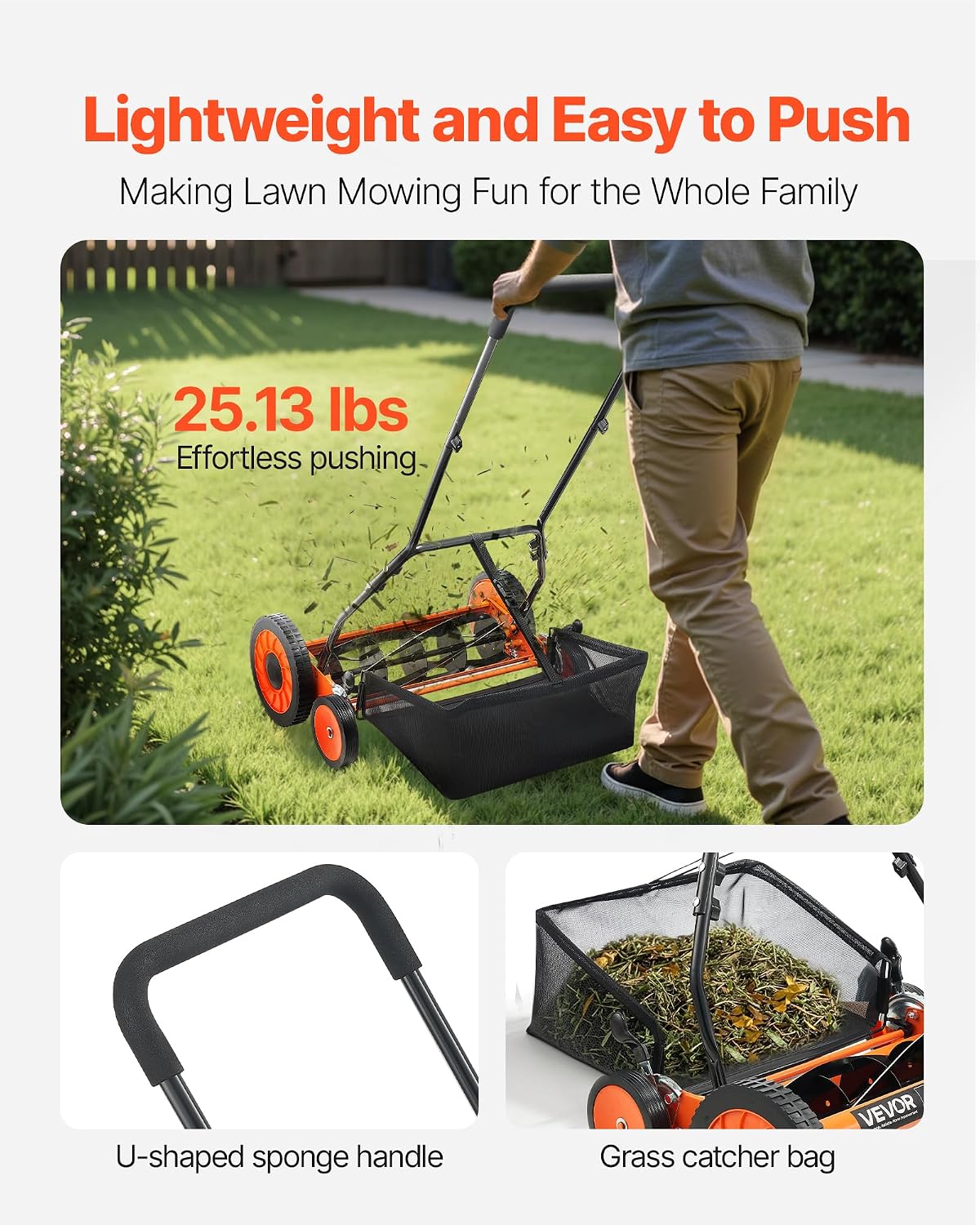 VEVOR Push Reel Lawn Mower 18 inch, 5 Blades Manual Push Mower No Motor, 1.37-2.44 in Adjustable Cutting Height, Walk-Behind Lawn Mowers with Grass Catcher Bag for Green Lawns, Driveways, Courtyards