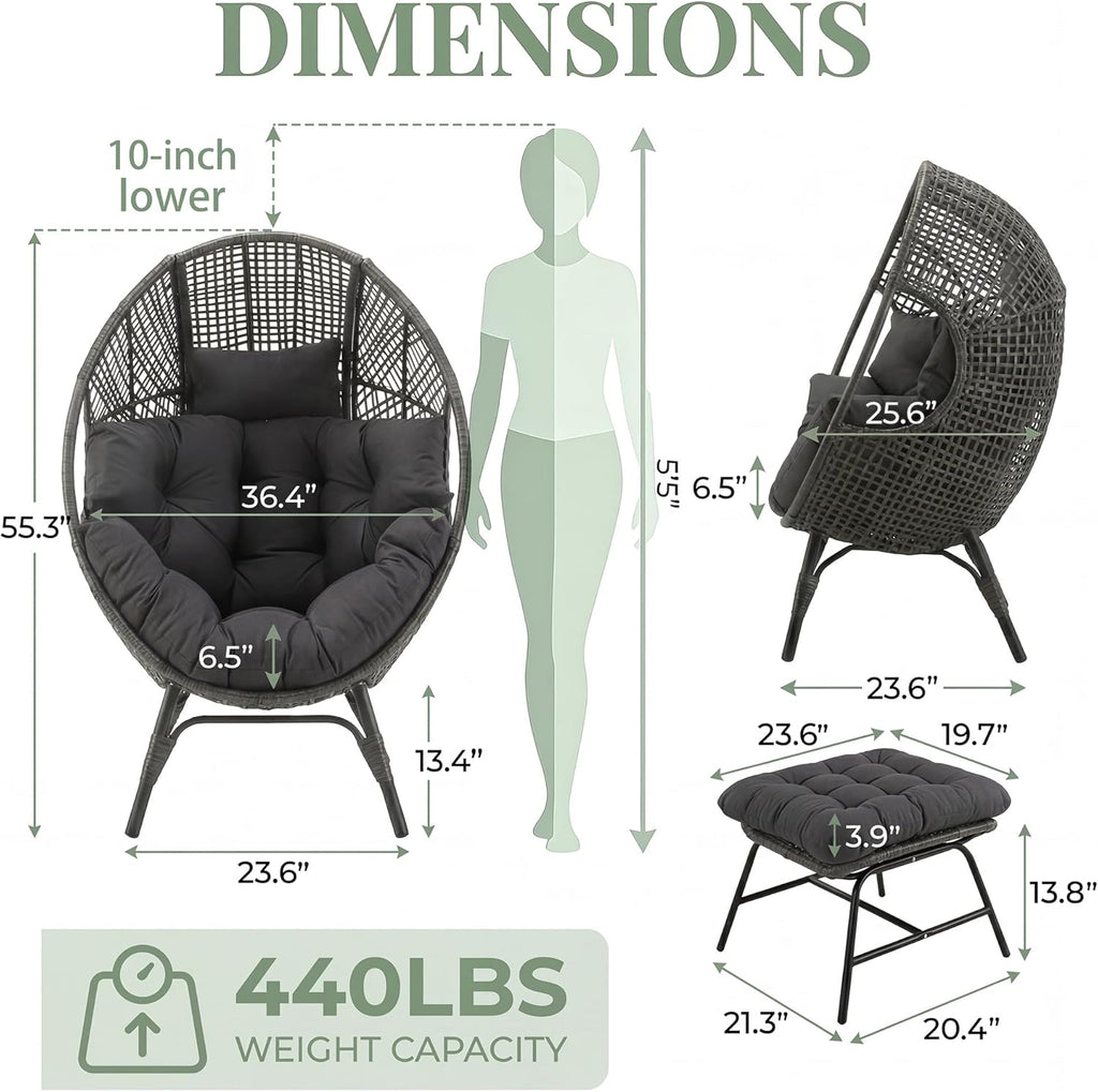 NICESOUL Patio Egg Chair with Ottoman, Big Oversized 440lbs Half-Egg Shape Chair w/Footstool, Comfortable Boho Rattan Lounger Chair w/Cushion for Reading, Living Room, Indoor, Exteriors, Porch,Gray