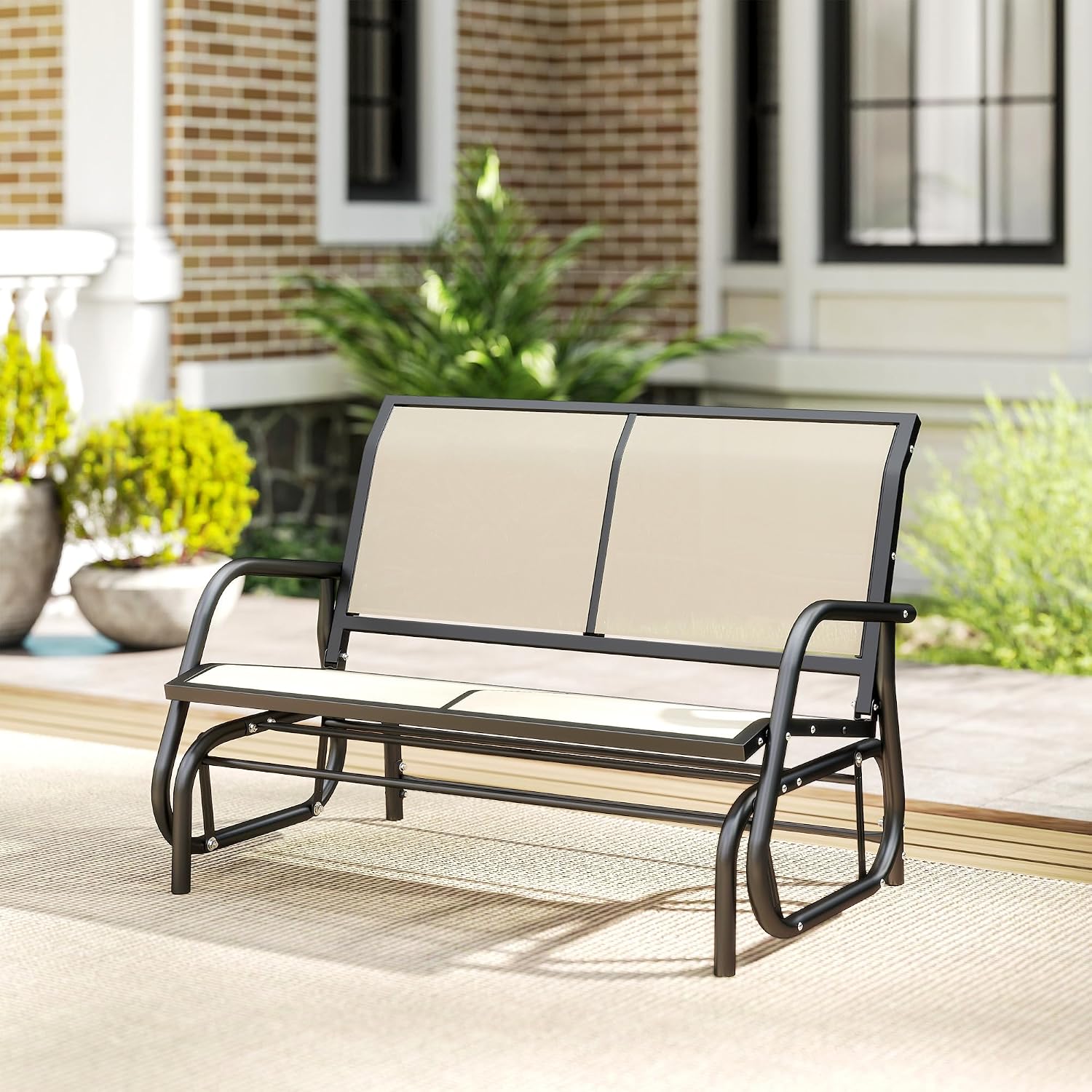 Outsunny 2-Person Outdoor Glider Bench, Patio Double Swing Rocking Chair Loveseat w/Powder Coated Steel Frame for Backyard Garden Porch, Beige