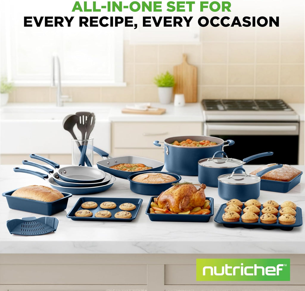 NutriChef Professional 20 Pc Pots and Pans Set Non Stick in Navy Blue - Includes Bakeware & Utensils, Induction Ready, Easy Clean