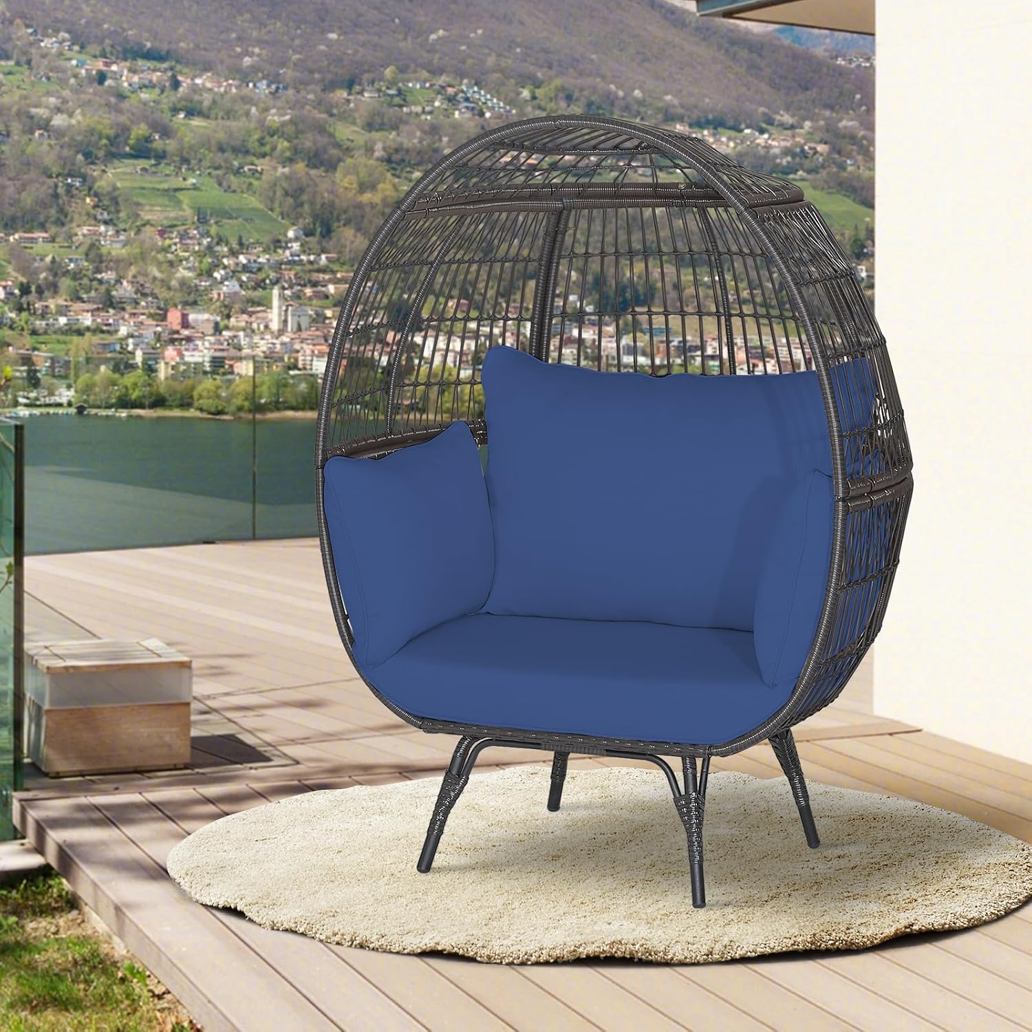Giantex Oversized Wicker Egg Chair, Outdoor & Indoor Hammock Chair with Thick Cushions, 2-Person PE Rattan Lounge Chair Swing Chair for Patio, Backyard,Porch, 450 LBS Weight Capacity (Dark Blue)