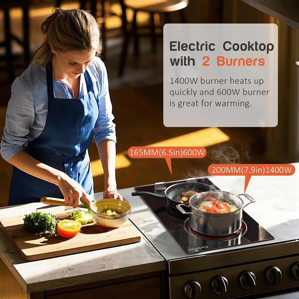 2 Burners Electric Cooktop 2000W, Plug in Electric Stove Top110v, Countertop & Built-in Cook top 12 Inch, 2 Burner Cooktop Knob Control, 9 Power Levels, Grey knob, Karienvir