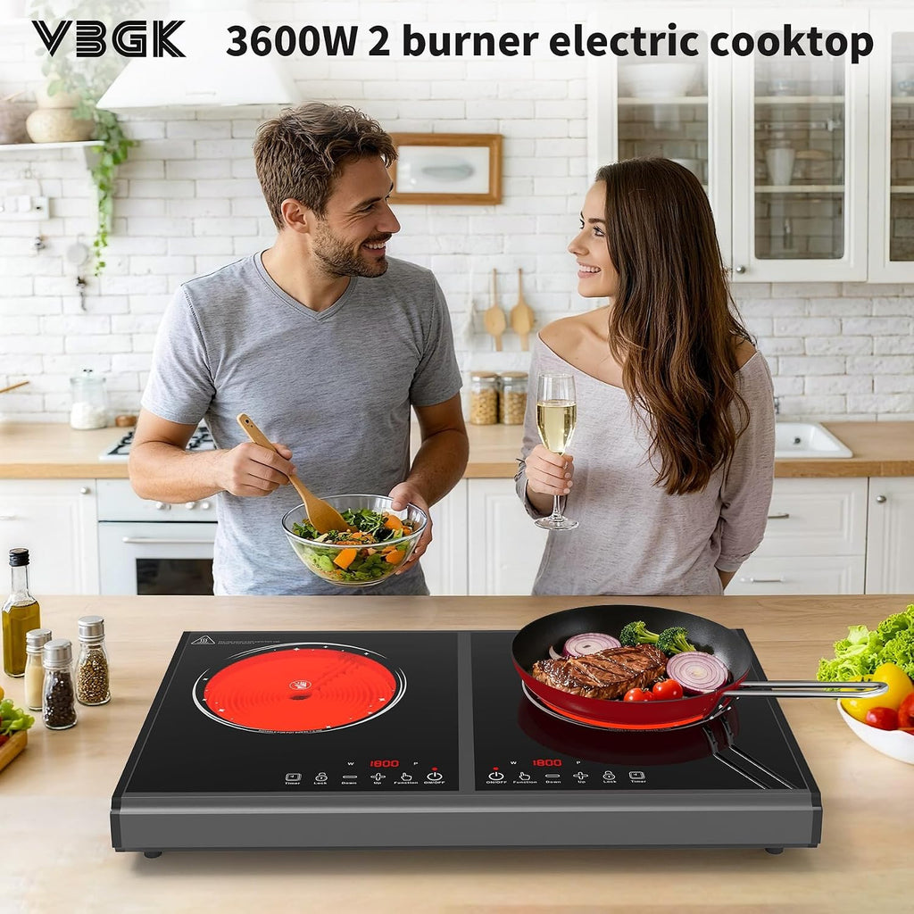 VBGK Electric Cooktop, 110V 3600w Stove top, 22 inch Countertop with 9 Power Levels, LED touch control Overheat Protection, Child Safety Lock & Timer, touch control 2 burer Electric cooktop