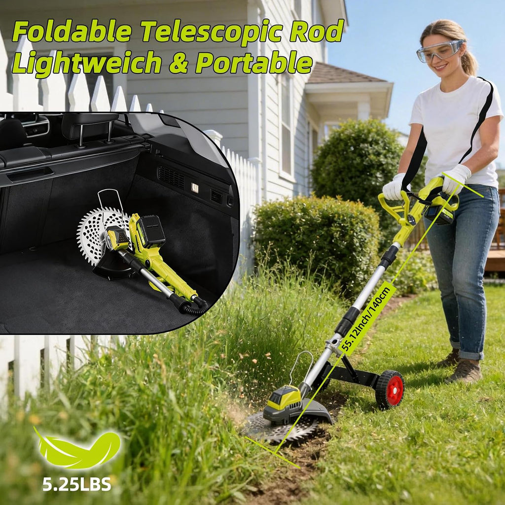 3-in-1 Cordless Weed Wacker with Wheels, 12-Inch Weed Eater Battery Powered Brush Cutter, 2x4.0Ah Batteries, LCD Display, Grass Trimmer Stringless Weed Trimmer Lawn Mower Edger
