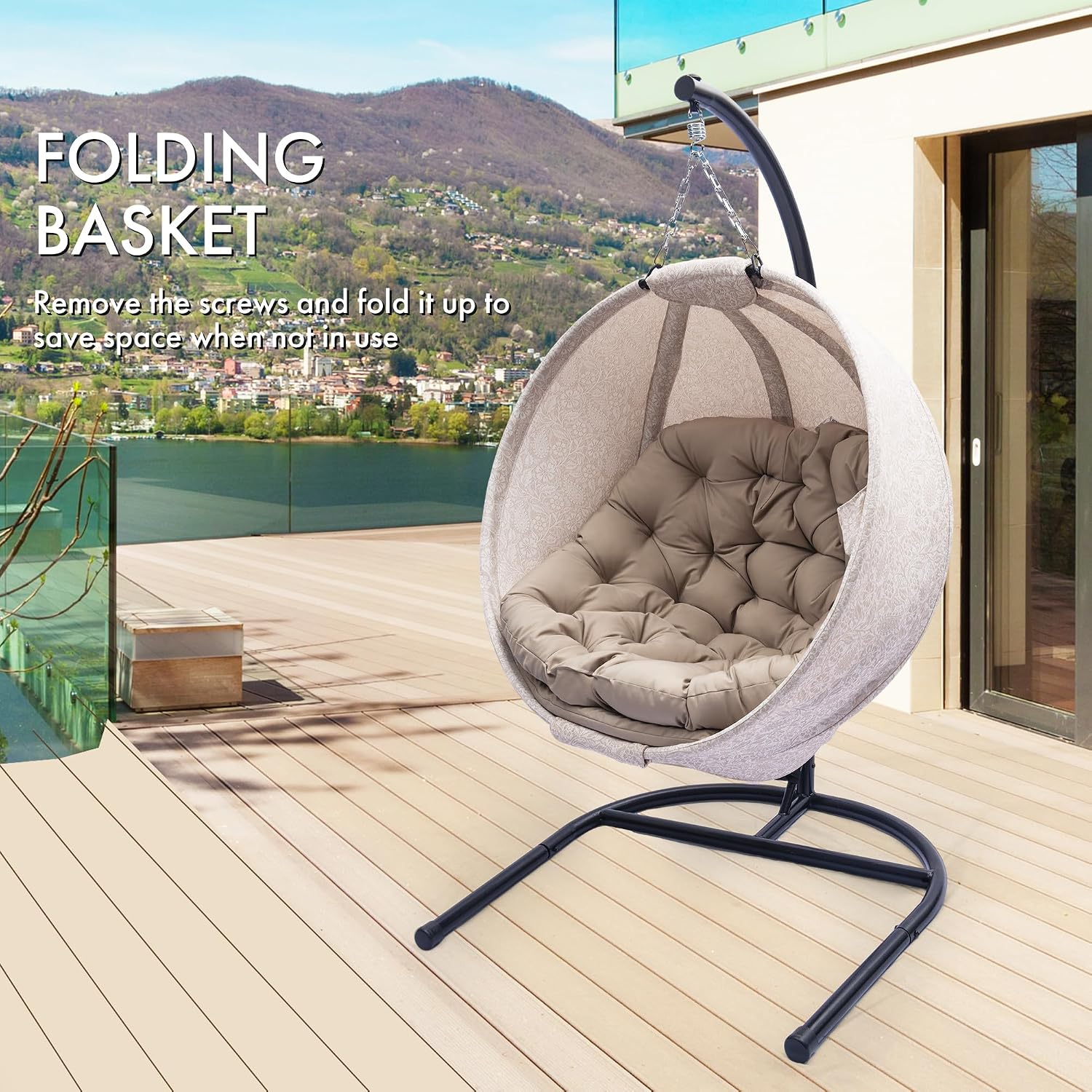 Hanging Egg Chair with Stand - Hanging Ball Chair W/Plush Cushions,Weather-Resistant Fabric, Indoor Outdoor Foldable Swing Chair for Patio, Balcony, Yard & Living Room,(Gesar Flowers Yellow)