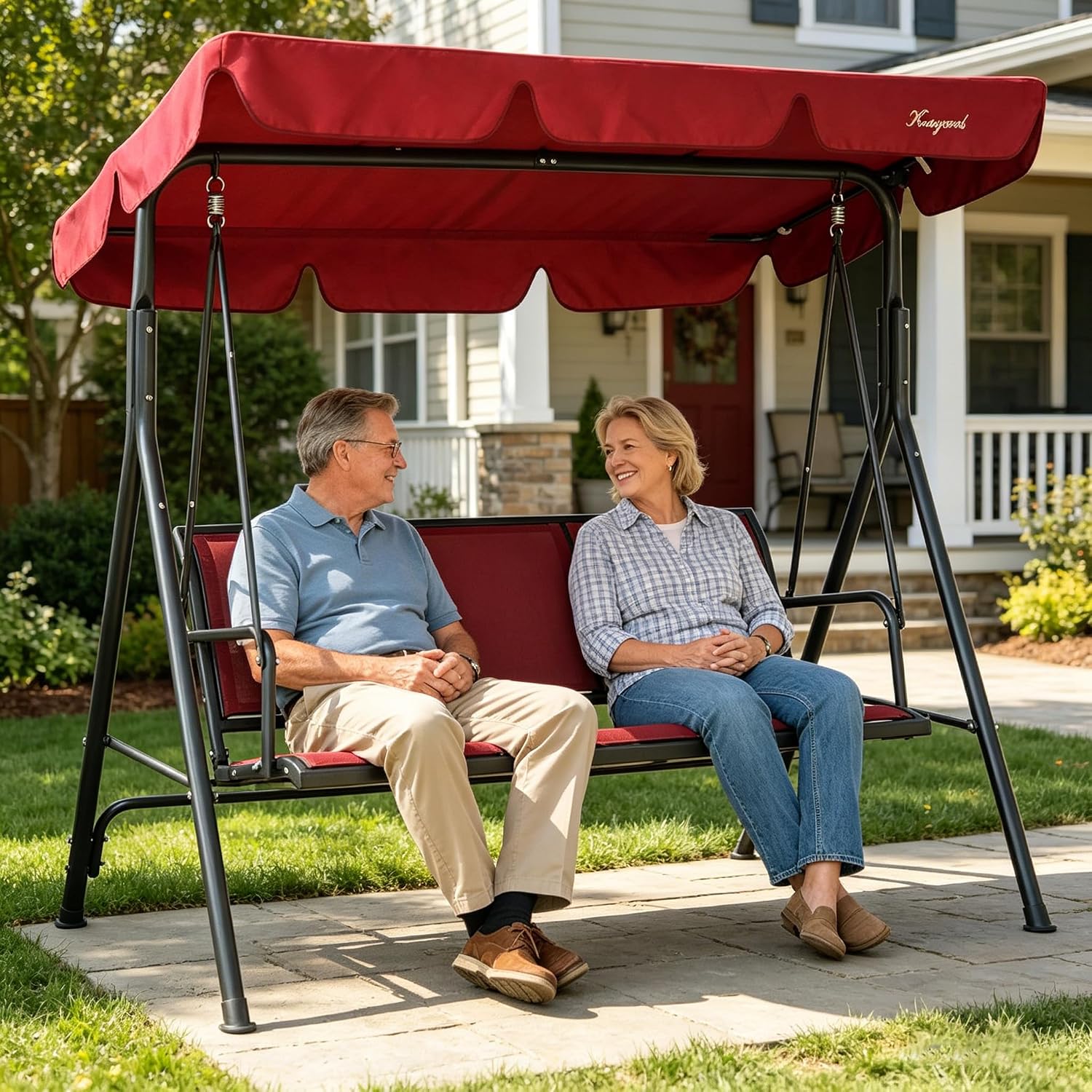 Kozyard 3-Person Outdoor Canopy Porch Swing Chair, Breathable Textilene Armrest Seat, Adjustable Shade, Heavy-Duty Powder-Coated Steel Frame Swing for Patio, Backyard, Poolside & Balcony Burgundy