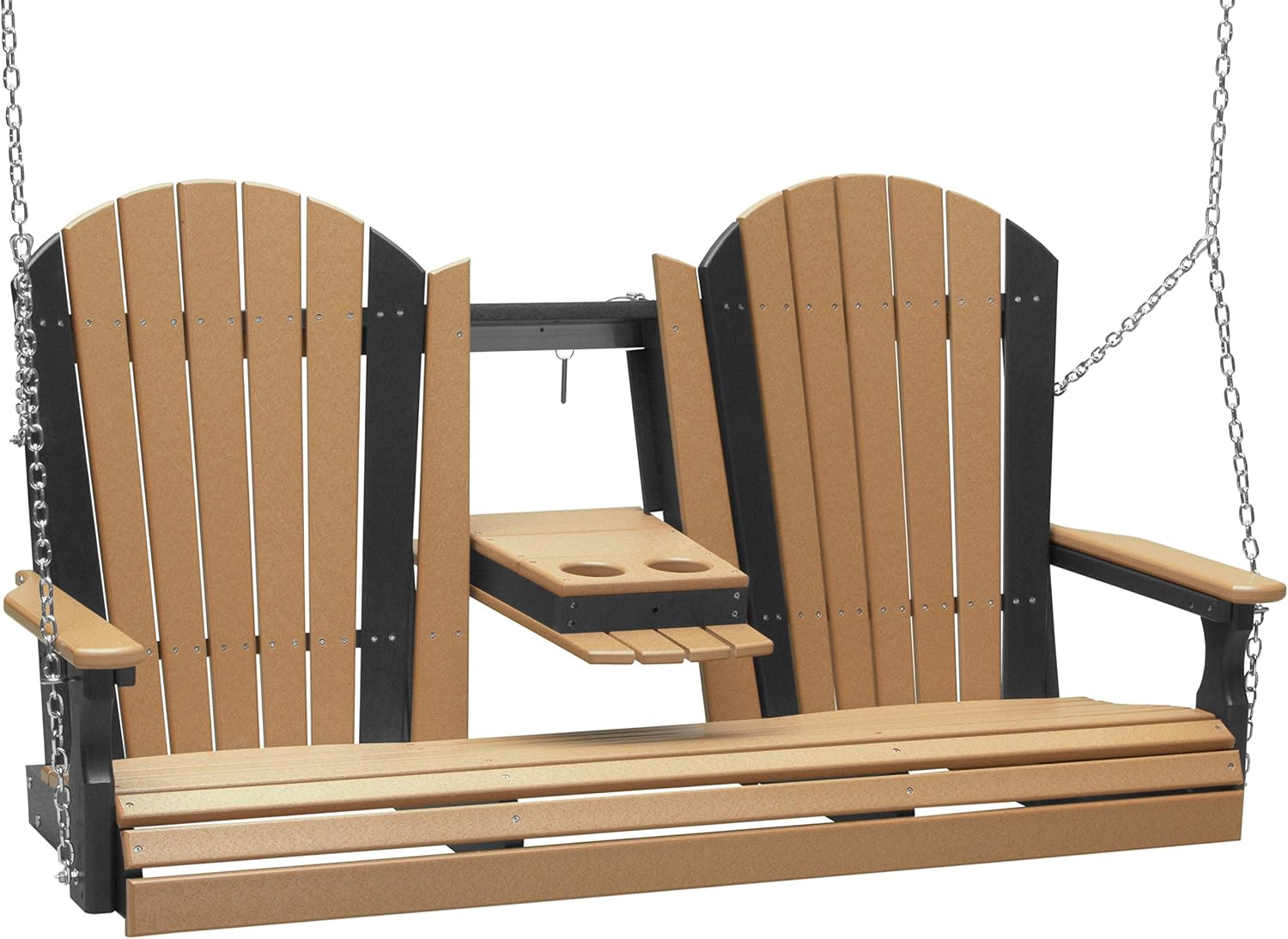 LuxCraft 5' Adirondack Hanging Porch Swing with Flip Down Console, Outdoor Patio Swing, Front Porch Swing, Outdoor Swing Bench (Cedar & Black)