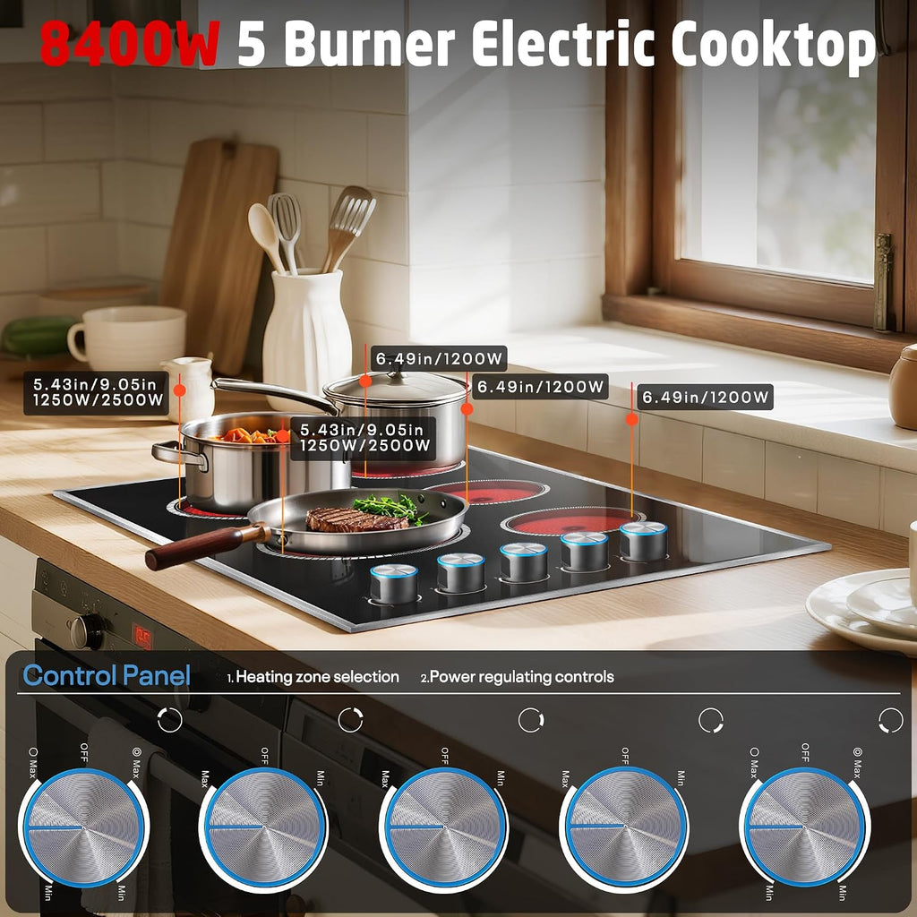 36 Inch Electric Cooktop, 5 Burner Electric Stove Top 8400W, 36' Ceramic Stove with Knob Control, Over-Temperature Protection, Dual Ring Zone, 220-240V Hard Wired (No Plug)