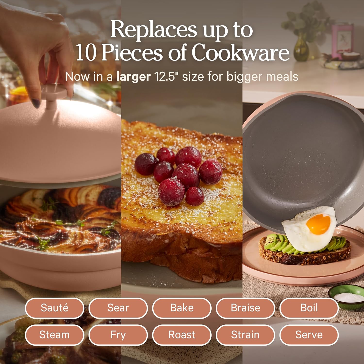 Our Place Large Always Pan | 12.5' Ceramic Pan with Modular Lid & Beechwood Spatula | Patented 10-in-1 Nonstick, Non-Toxic Cookware Made Without PFAS | Induction & Oven-Safe up to 450°F | Spice