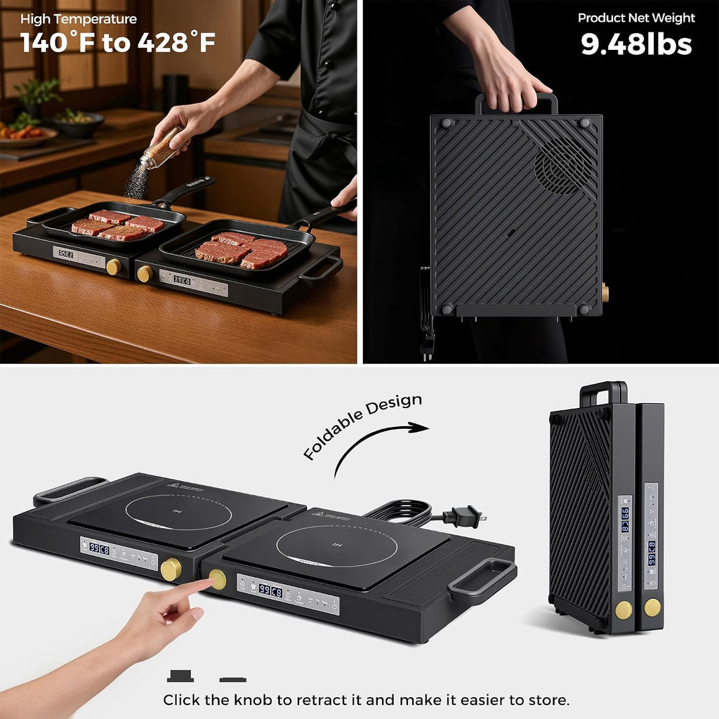 Double Induction Cooktop, 1800W Portable Dual Burner with 8 Power Levels, Sensor Touch Control & 99-Min Timer, Fold-n-Store Design for RV, Small Kitchen & Outdoor Cooking (gray-black)