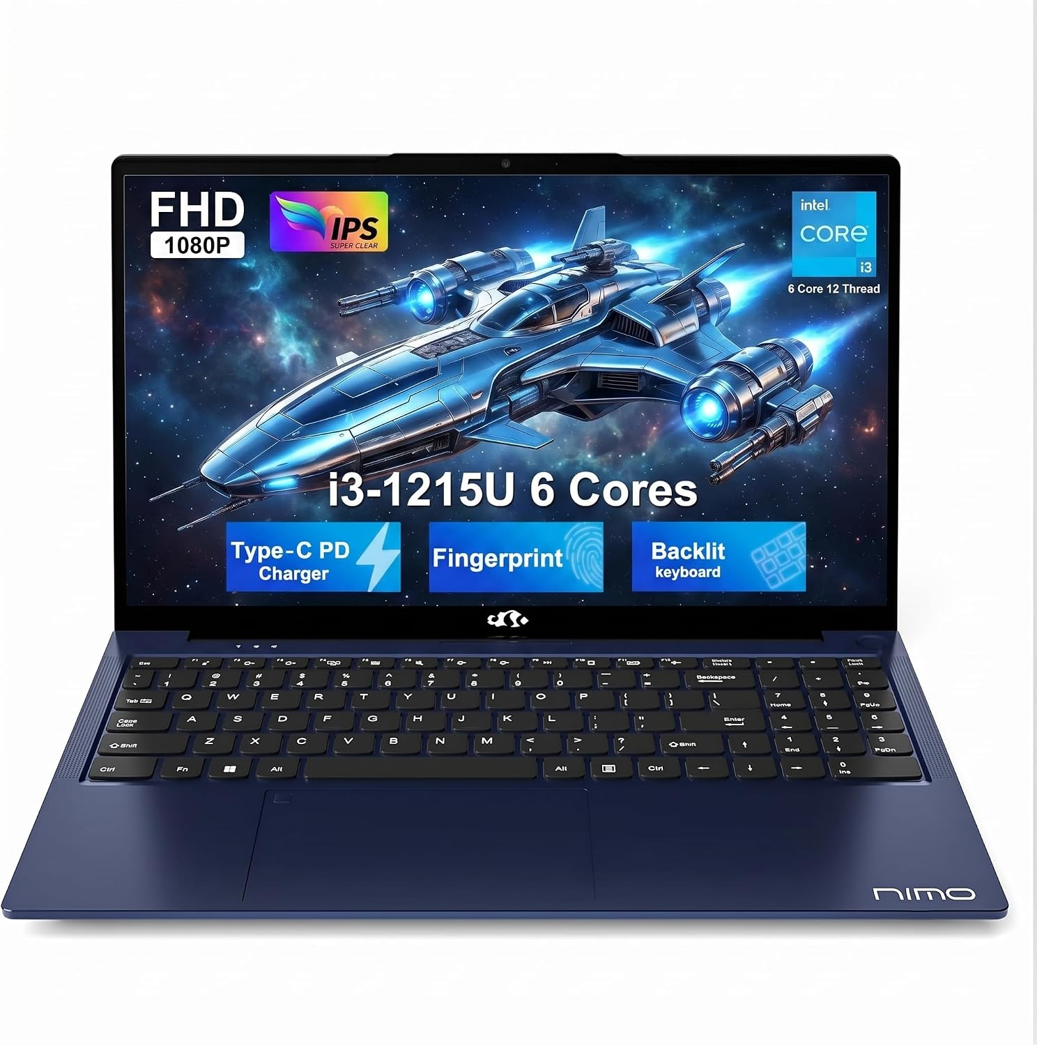 NIMO Laptop 15.6' IPS FHD, Intel 6-Core i3-1215U (Matches i7-1165G7, Beats i5-1135G7,R5-7520U), 8GB RAM, 128GB SSD, 65W Type-C, Backlit Keyboard, Fingerprint, Wi-Fi 6, for Home, Student & Business