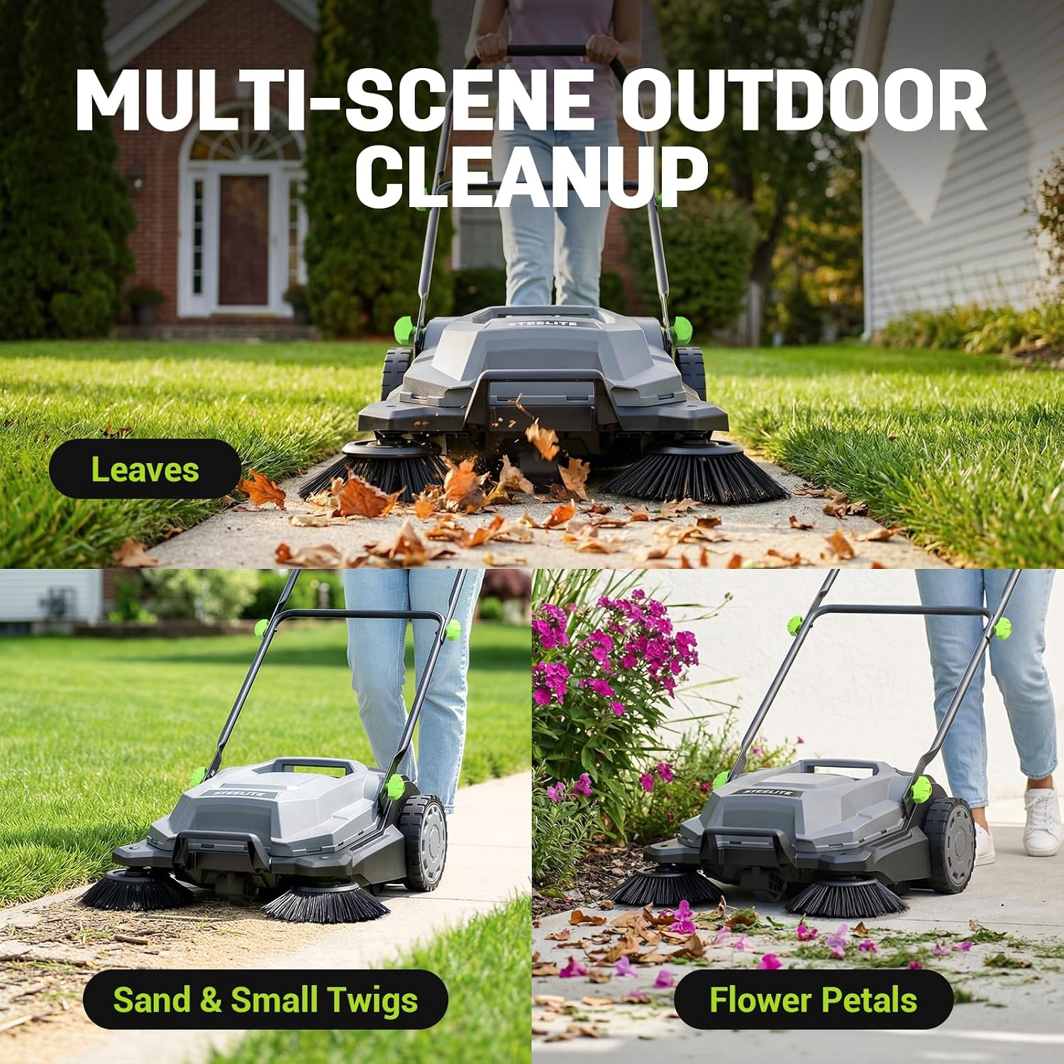 STEELITE Walk-Behind Hand Push Floor Sweeper, 26.8' Sweeping Width Floor Sweeper Manual Non-Electric, 6.35 Gal Waste Container, Angle & Height Adjustable Folding Handle for Walkway, Yard and Patio