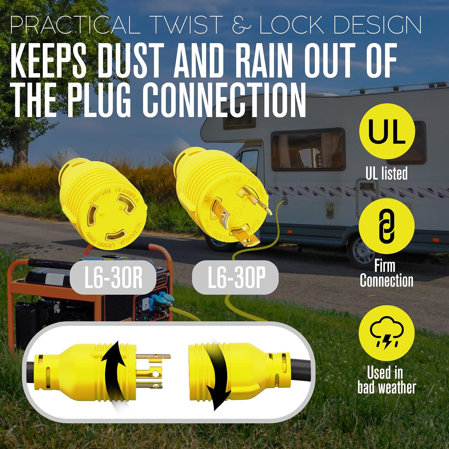 Houseables 30 Amp Generator Cord, L6-30 Extension Cord, L6-30R, L6-30P, 100 Feet, Generator Cable, 3 Prong, 250V Extension, 30amp, NEMA, Twist Lock, RV, Heavy Duty, 10 Gauge, 250 Volt, UL & ETL Listed