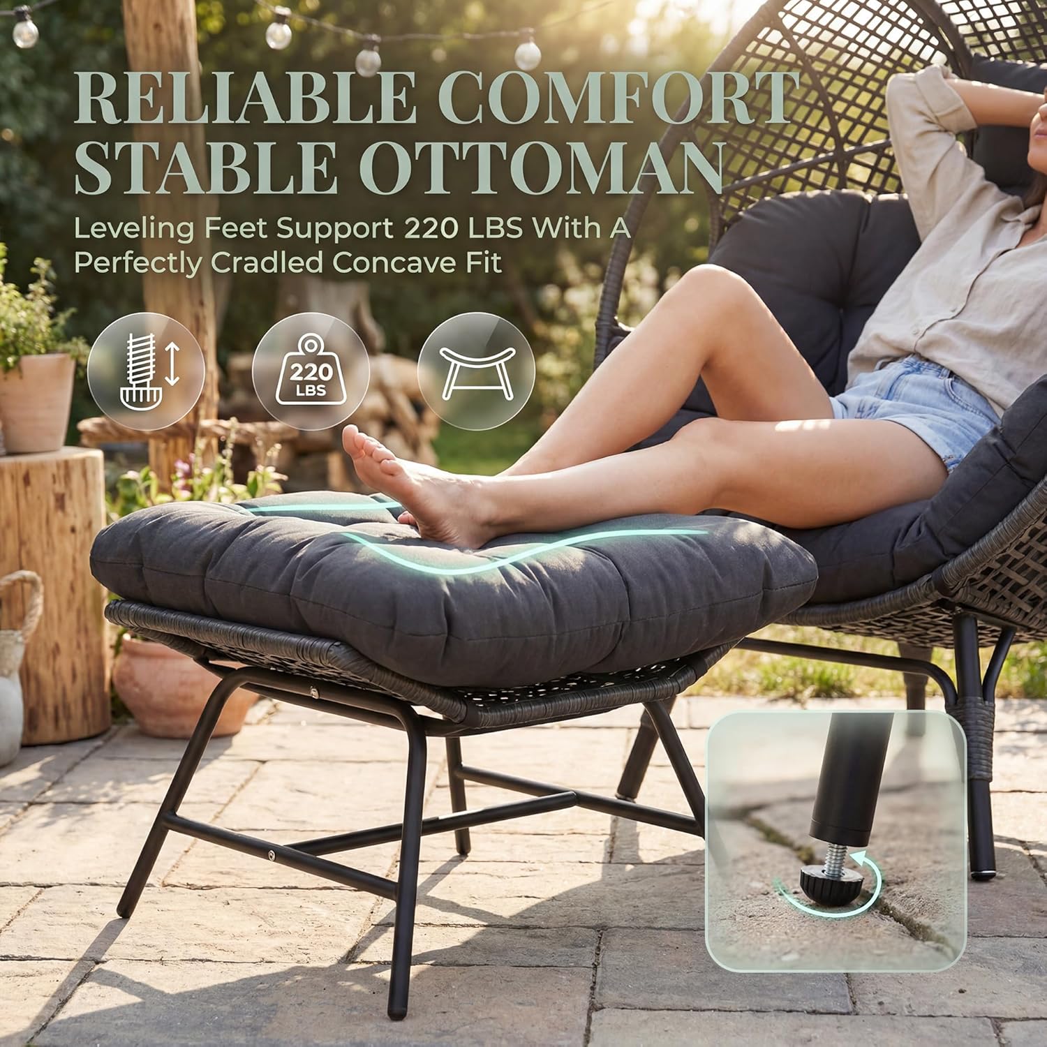 NICESOUL Patio Egg Chair with Ottoman, Big Oversized 440lbs Half-Egg Shape Chair w/Footstool, Comfortable Boho Rattan Lounger Chair w/Cushion for Reading, Living Room, Indoor, Exteriors, Porch,Gray