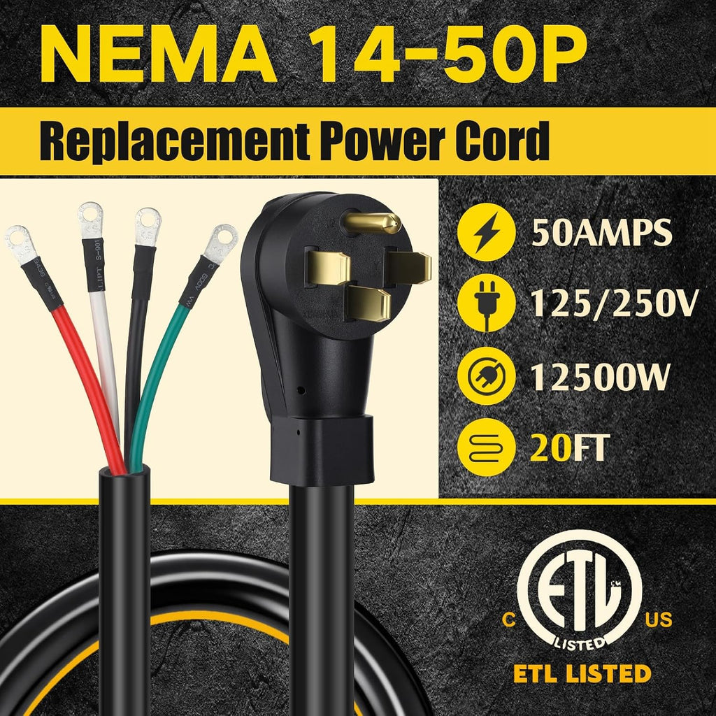 Kanayu 20 FT 6/8 AWG 50 Amp 4 Prong Replacement RV Power Cord Compatible with NEMA 14-50p to 4-Wire, Compatible with EV Plug/J1772 Connector, 6/3+8/1 AWG STW, Etl Listed