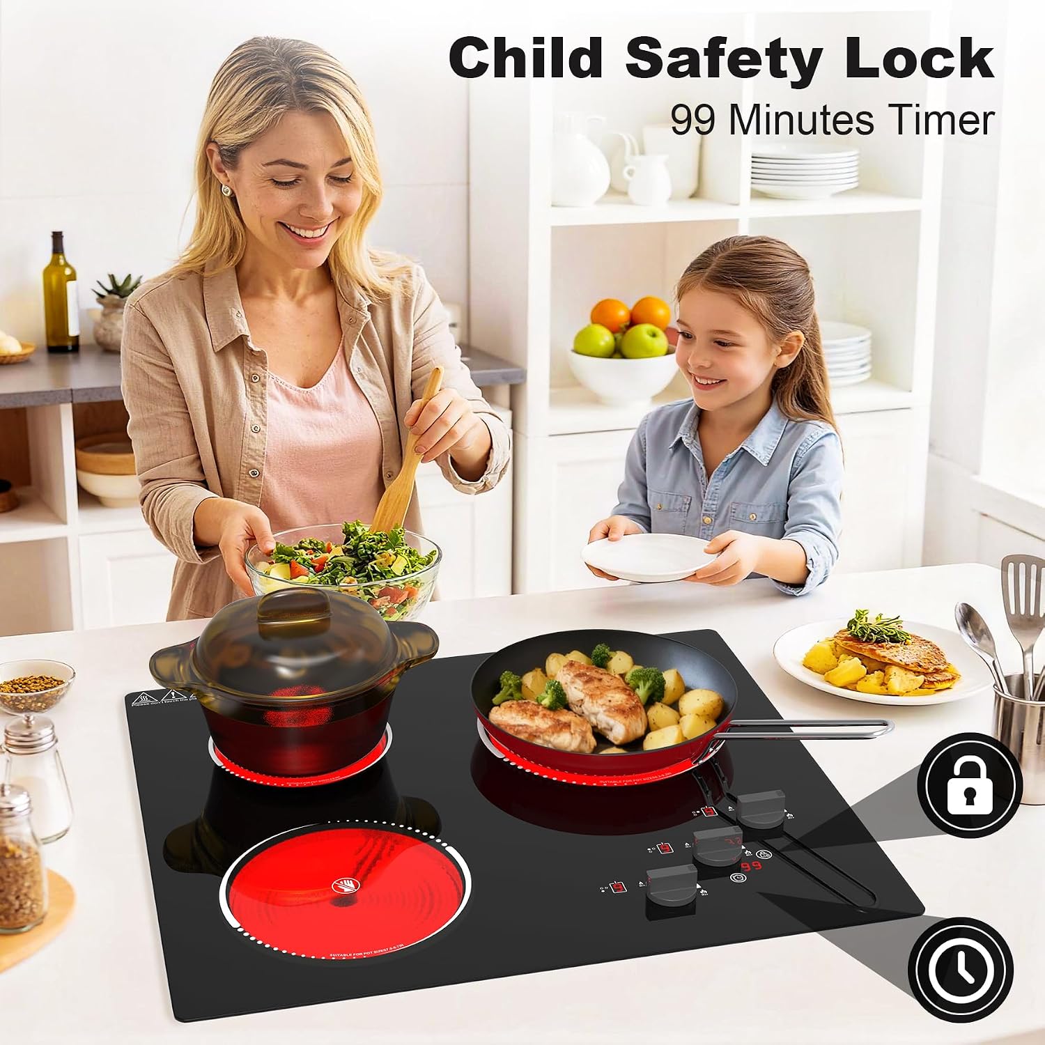 VBGK Electric Cooktop,24 inch 220V Electric Stove Top,Touch and Knob Control,LED,9 Power Levels, Kids Lock &Timer,Overheat Protection,5000W 3 burner cooktop.