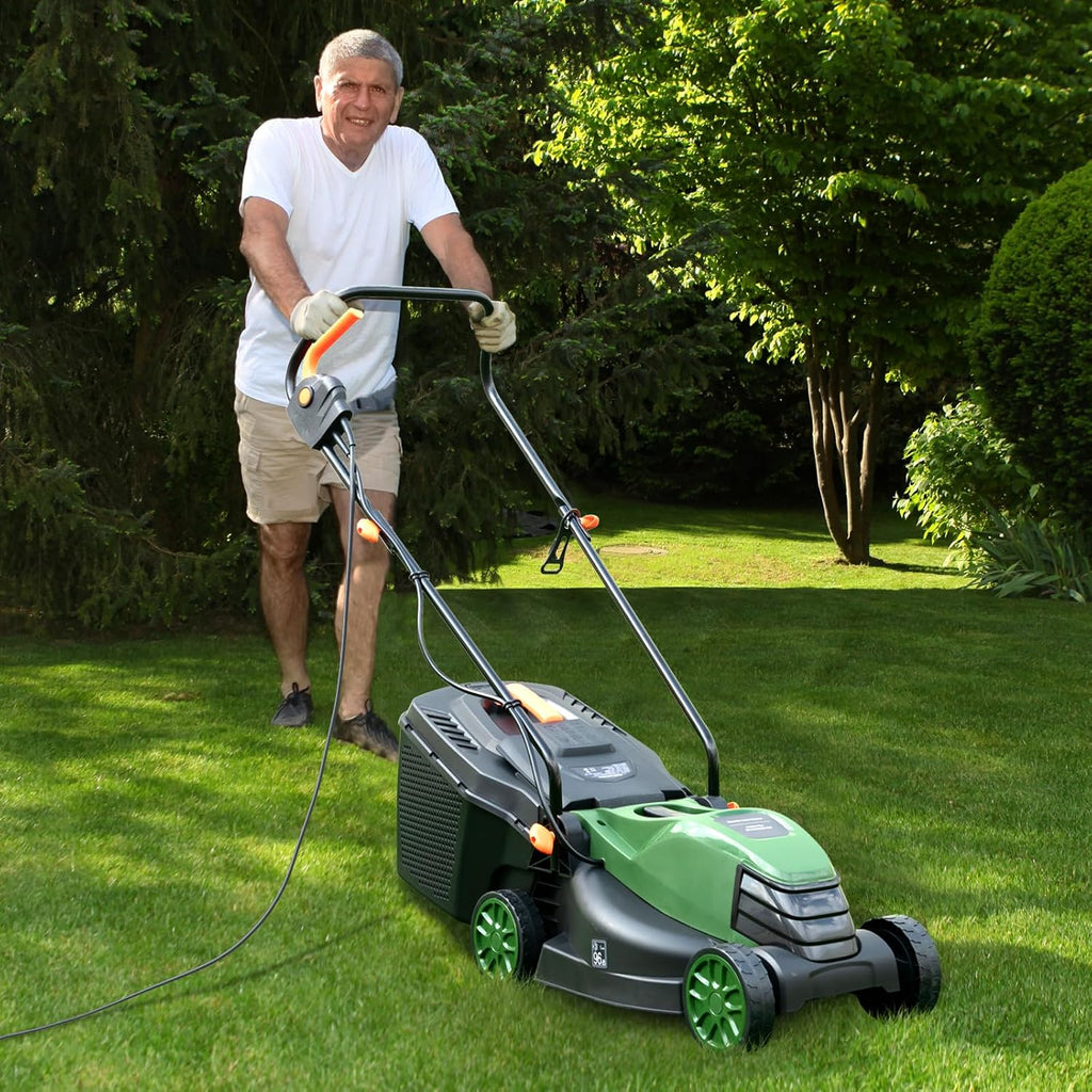 S AFSTAR Electric Corded Lawn Mower, 12-AMP 14-Inch Walk-Behind Lawnmower with Collection Box, 3 Adjustable Height Position, Self Locking Function, Push Lawn Mower for Backyard Patio