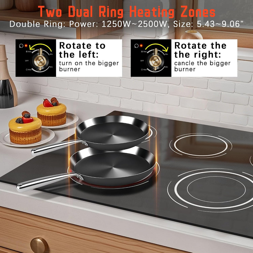 Electric Cooktop 36 Inch - 5 Burner Electric Stove Top with 8400W, 36 Inches Built-in(34.25'x19.3') Ceramic Stove with Dual Rings, Overheat Indicator, Knob Control, 220V - 240V Hard Wired