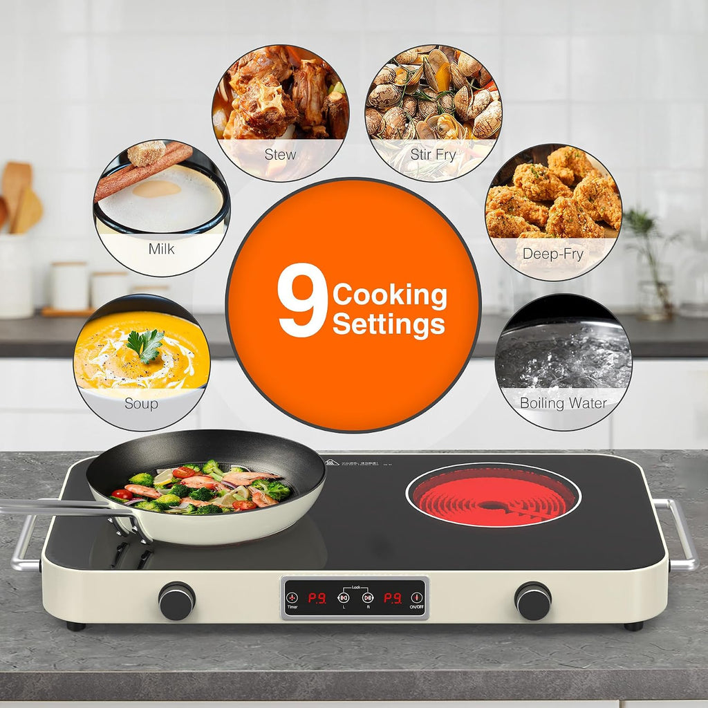 GIHETKUT Electric Cooktop, 2200W 110V Electric burner, Electric Stove Top with 2 Handle, 2 Burner Electric Cooktop with 9 Power Settings,Knob Control Child Safety Lock & Timer.