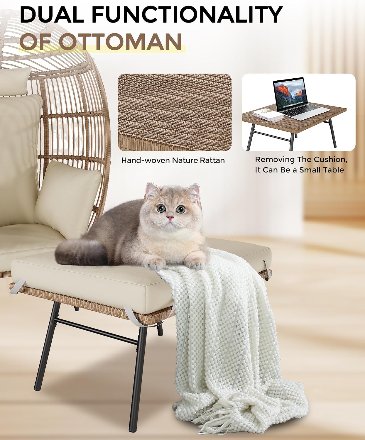 GAOMON Oversize Wicker Egg Chair with 4 Comfy Cushions, Big Egg Shaped Lounger with Ottoman, Rattan Reading Chairs for Indoor Outdoor Patio Porch Backyard, Beige