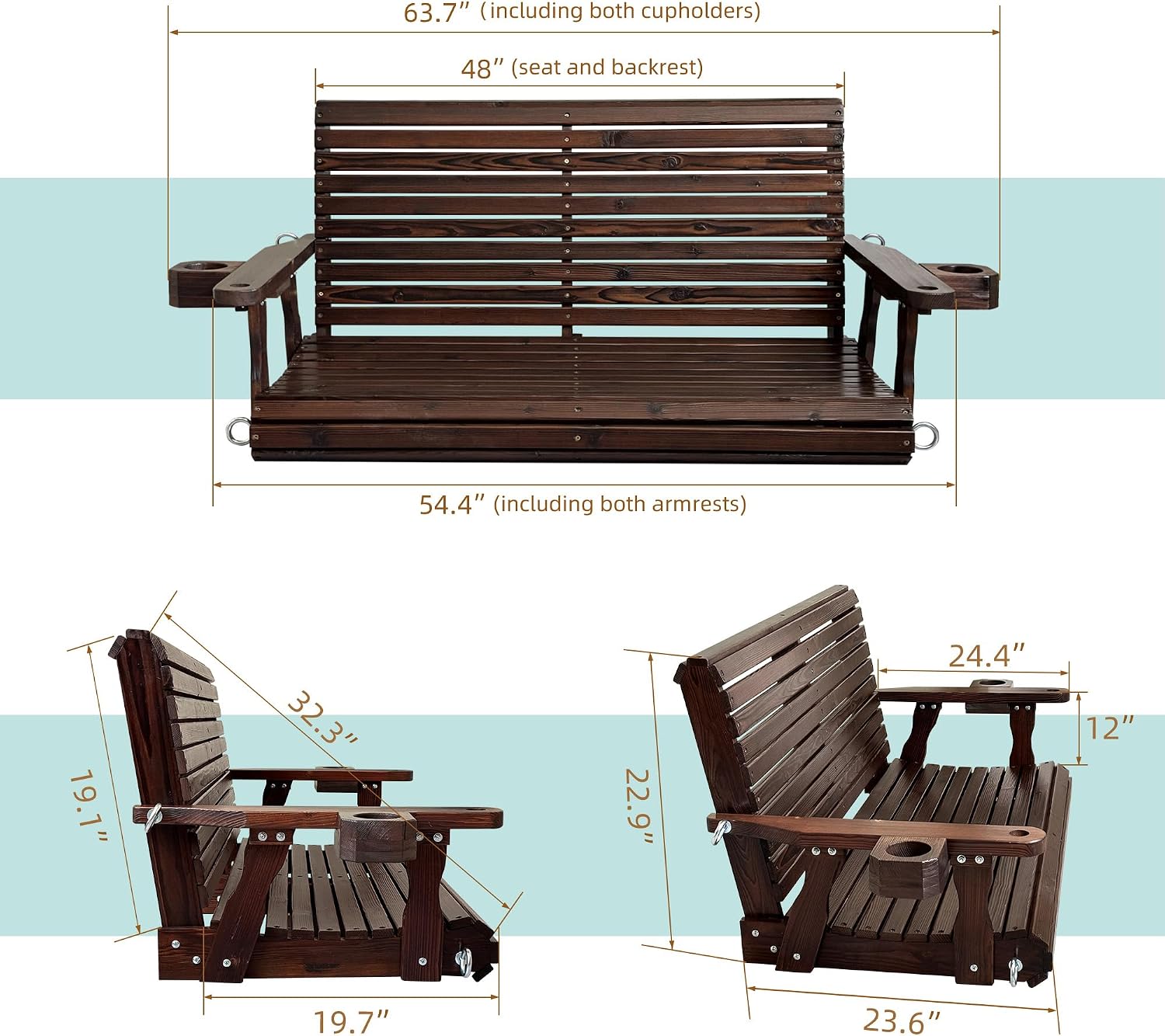 Wooden Porch Swing 2-Seater, High Backrest and Deep Seat, Bench Swing with Cupholders, Hanging Chains and 7mm Springs, Heavy Duty 880 LBS, for Outdoor Patio Garden (Deep Brown, 4.5 feet Extra-Large)