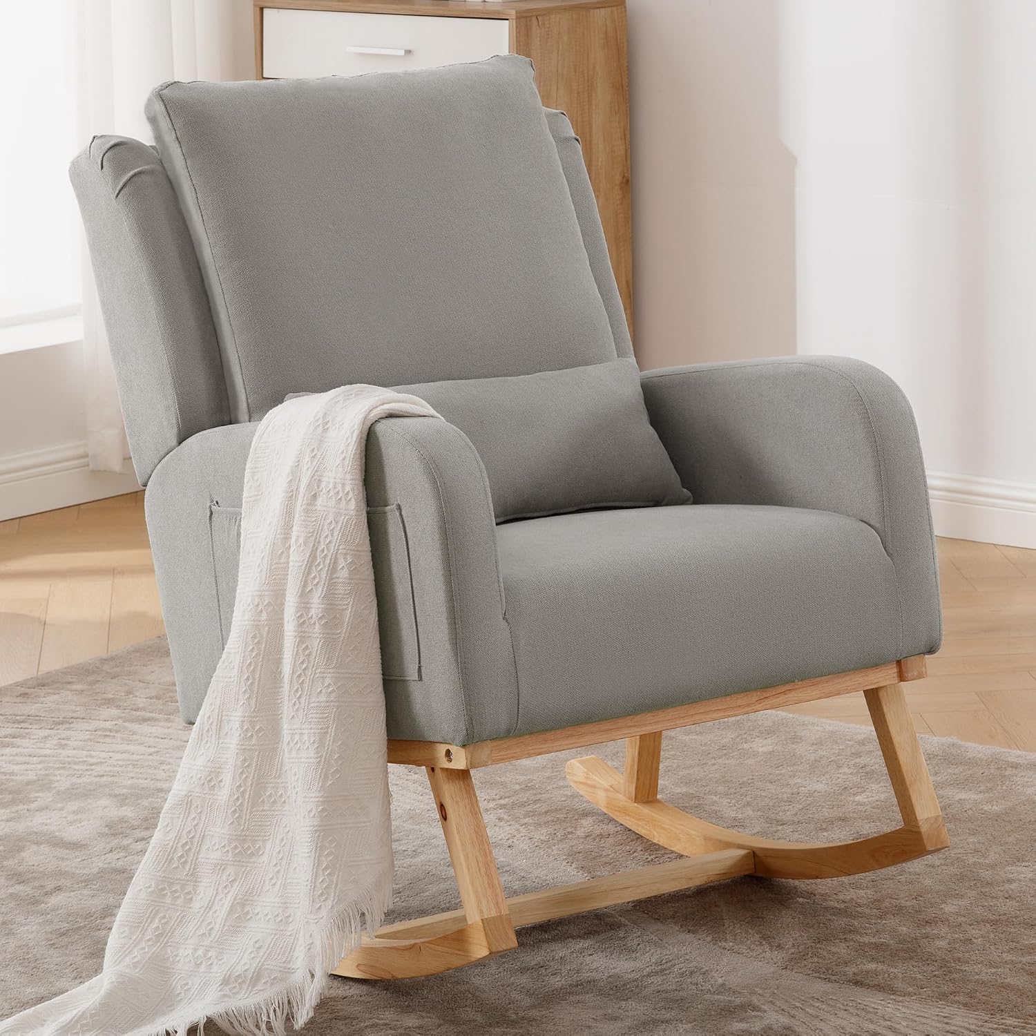 HCHAIRH Rocking Chair Nursery, Upholstered Fabric Nursing Rocking Chairs with Lumbar Pillow, Modern Nursery Glider Rocker Morden Accent Rocking Chair for Mom Nursery, Living Room, Bedroom, Grey