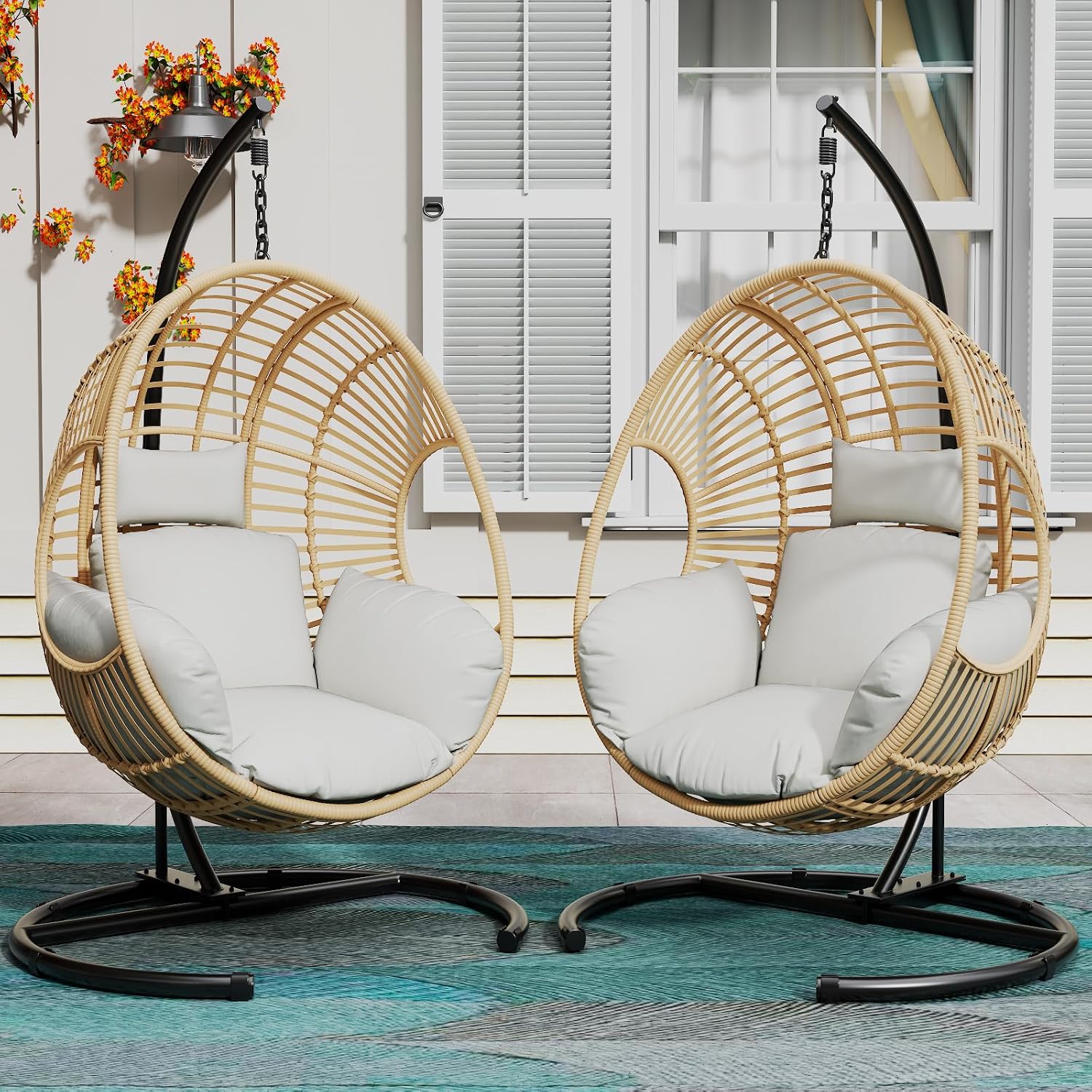 Hanging Egg Chair with Stand - Egg Swing Chair Outdoor Indoor Patio Wicker Chair Swing Hammock Egg Chairs 400lbs Capacity for Outside Patio, Bedroom, Garden and Balcony (Beige-Regular, 2P)