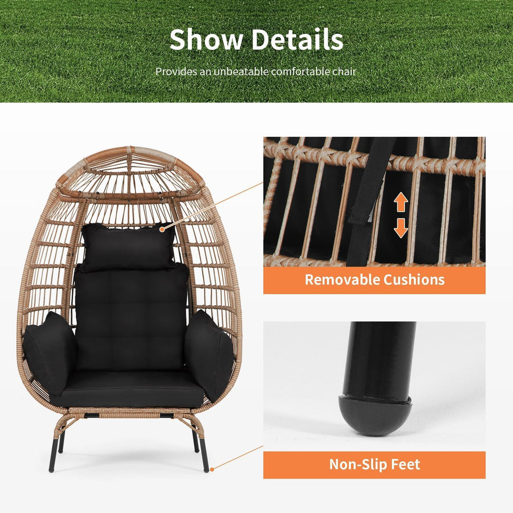 Oversized Egg Chair with Stand, Room Decor Aesthetic Reading Chair, Lounge Chairs for Outside Wicker Egg Chair, Outdoor Chairs Comfortable Rattan Chair, 352Lb Capacity Patio Chairs Outdoor Furniture