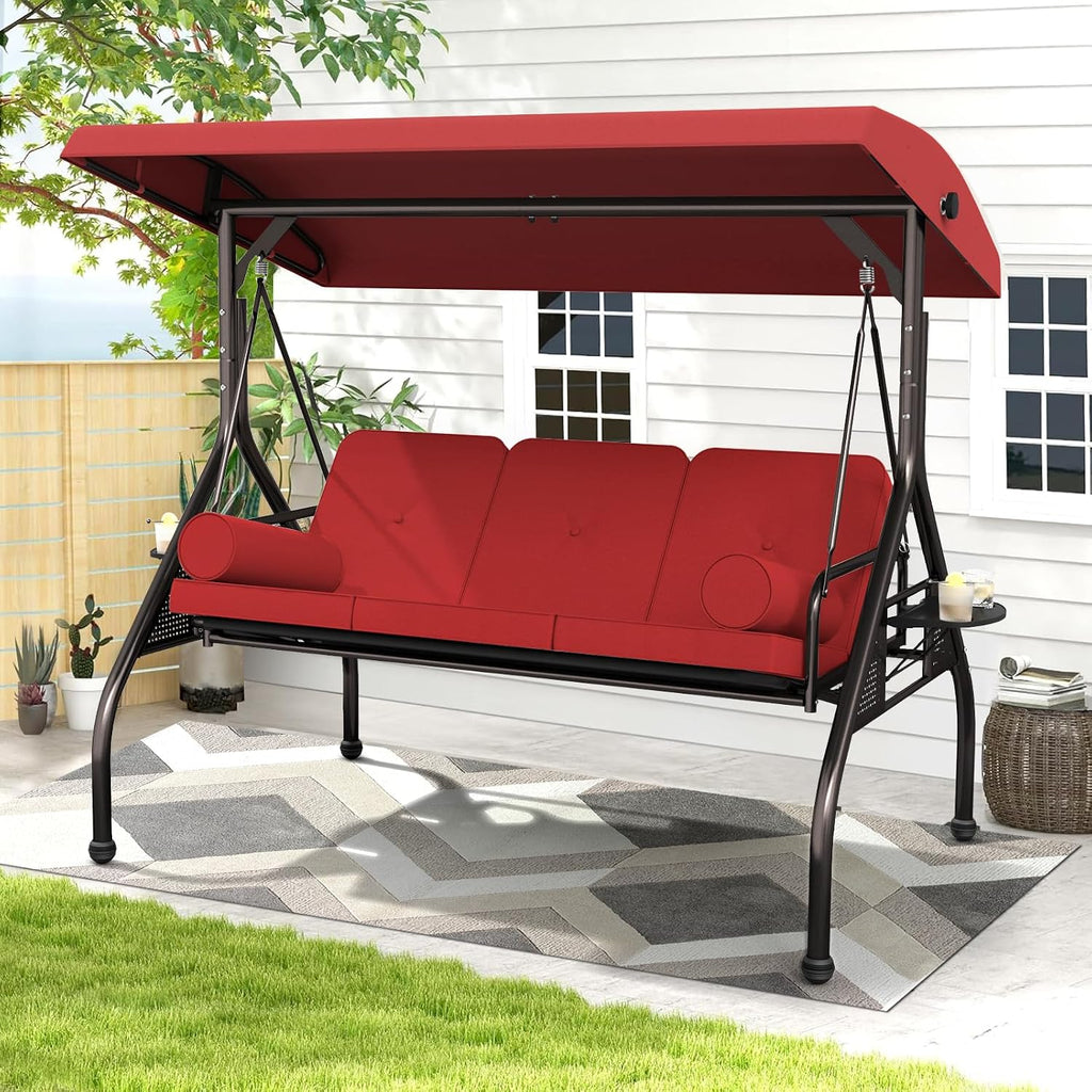 Betterland 3-Seat Patio Swing Chair, Outdoor Porch Swing with Pillows, Cushions & Cup Holders, Adjustable Canopy Outside Bench Swing for Backyard, Porch, Garden(Red)