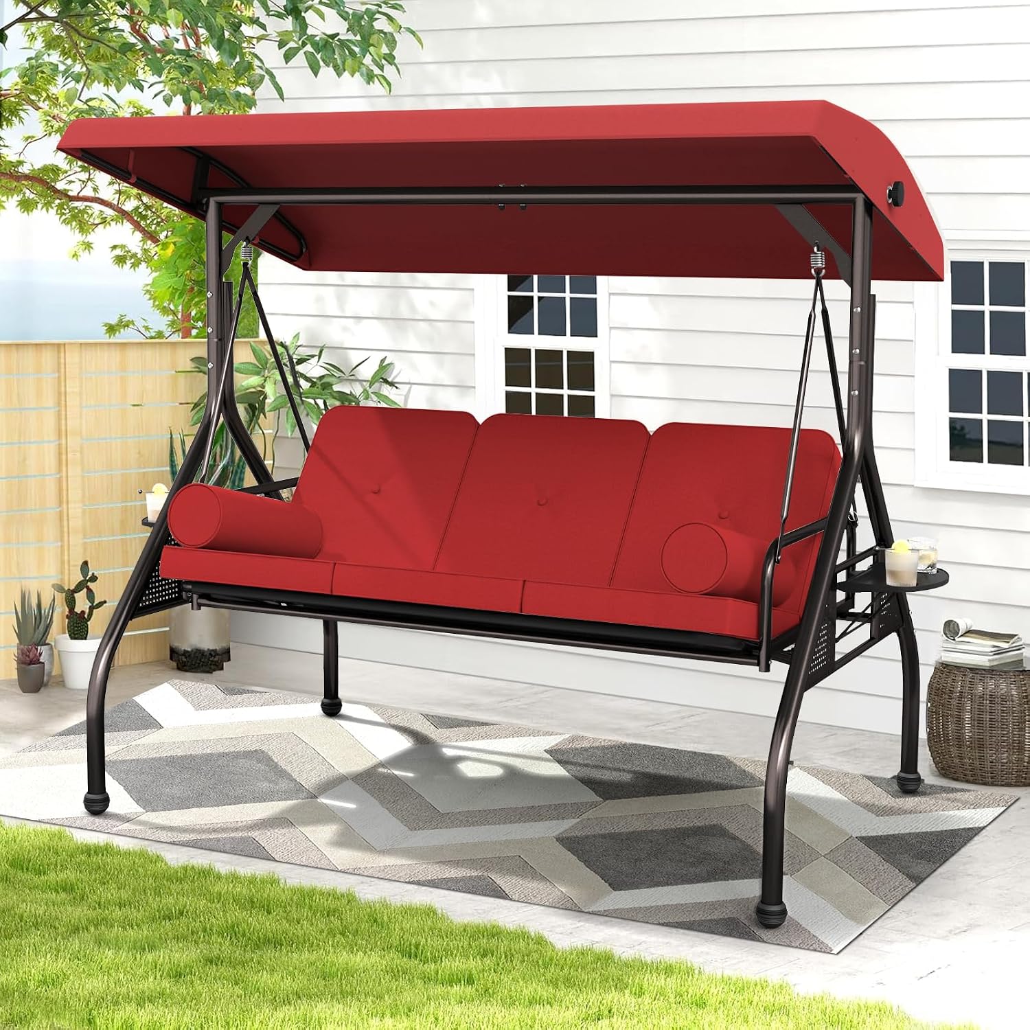 Betterland 3-Seat Patio Swing Chair, Outdoor Porch Swing with Pillows, Cushions & Cup Holders, Adjustable Canopy Outside Bench Swing for Backyard, Porch, Garden(Red)