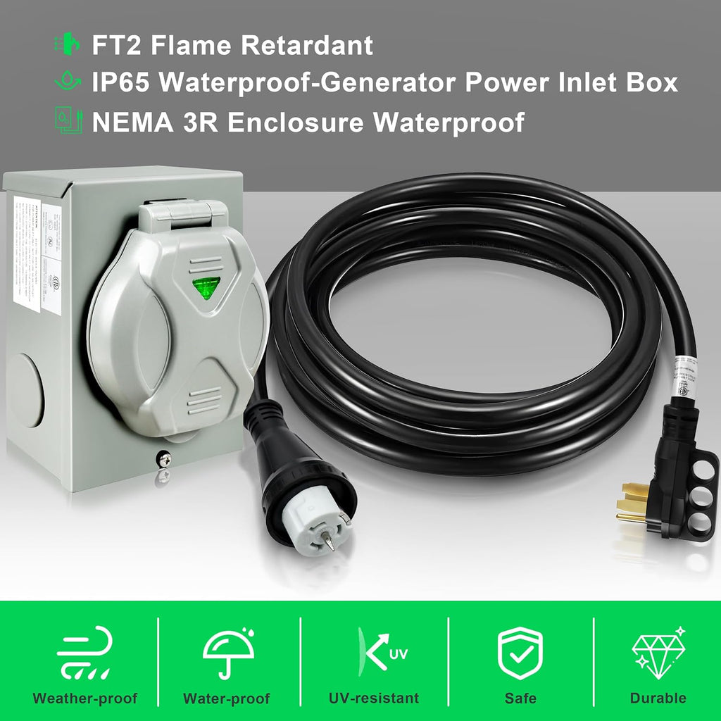 50 Amp Generator Cord and Inlet Box Kit - 50FT ETL Certified Twist Lock, NEMA 14-50P to SS2-50R, Pre-Drilled for Easy Installation, STW 6/3+8/1 AWG for 125V/250V