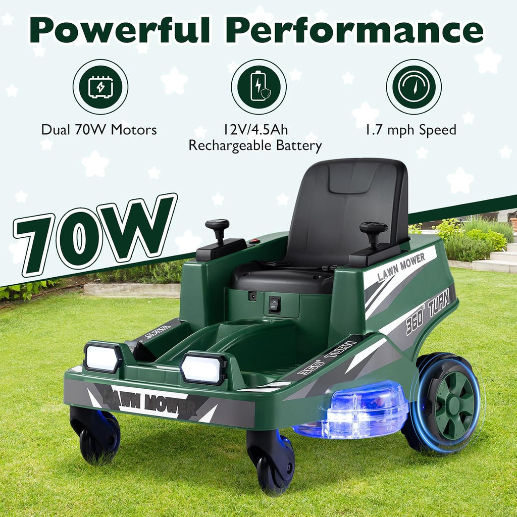 Costzon Ride on Lawn Mower for Kids, 12V Toddler Electric Car with 360° Twist and Turn, Dual Control Sticks, LED Lights, Outdoor Ride on Toy Gift for Boys & Girls Aged 3-8 (Dark Green)