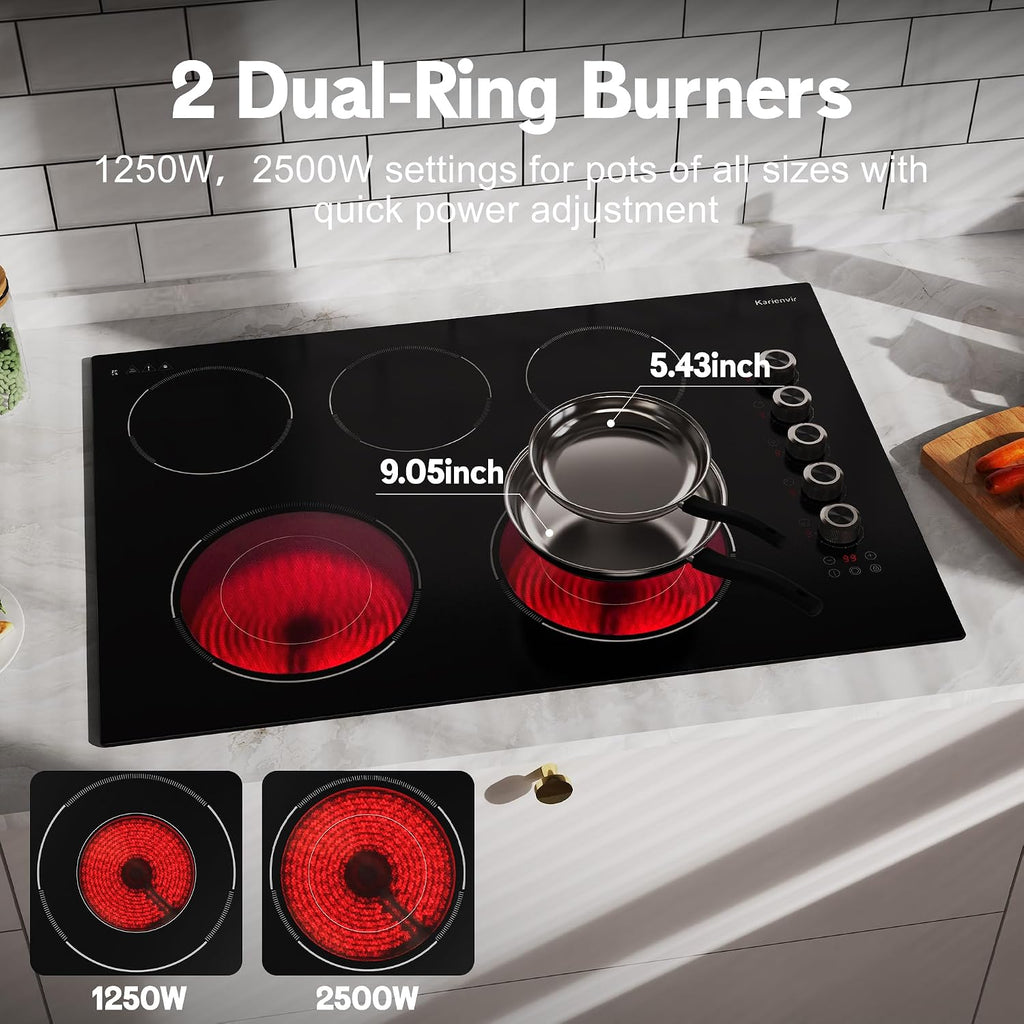 30 Inch Electric Cooktop 5 Burner Karienvir, 8600W Built-in Electric Stove Top, Cooktop 30' with Double-ring Burner, Knob & Touch Control, 9 Power Levels, Timer, Safety Lock, 220V-240V Hard Wire