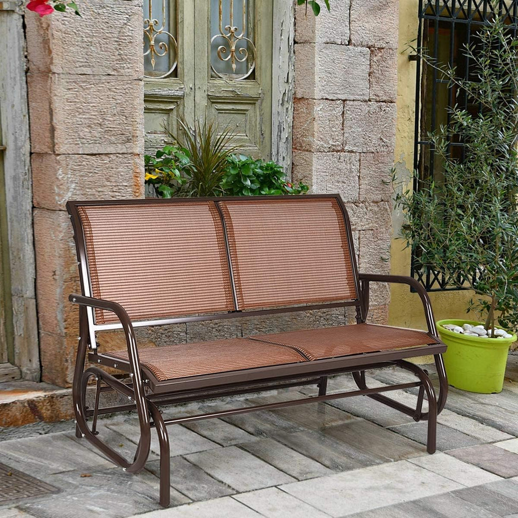 Giantex Swing Glider Chair 48 Inch with Spacious Space, 2 People Lounge Cozy Patio Bench Outdoor & Indoor for Patio, Backyard, Poolside, Lawn Steel Rocking Garden Loveseat (Brown)