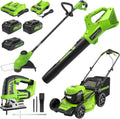 Greenworks 48V (24V x 2) Lawn Mower Combo - 21' self propelled Lawn Mower, 12' String Trimmer, 320 CFM Blower and 24V Jig Saw - Ideal for Yard & Indoor